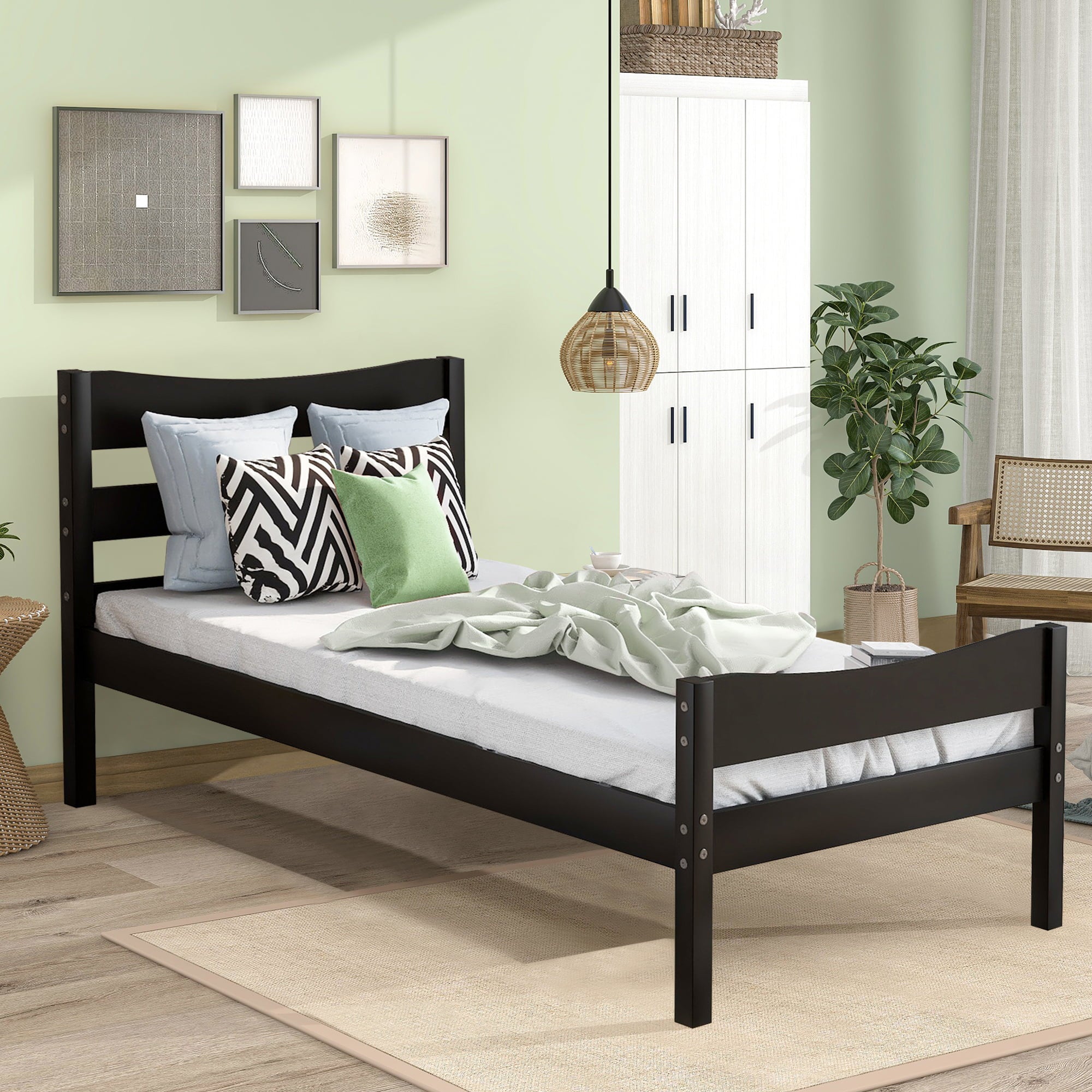 BTMWAY Wood Twin Bed Frame for Kids Adults, Solid Wood Platform Bed Frame with Headboard and Footboard, Modern Twin Size Bed Frame with Wooden Slats Support, No Box Spring Needed, Espresso