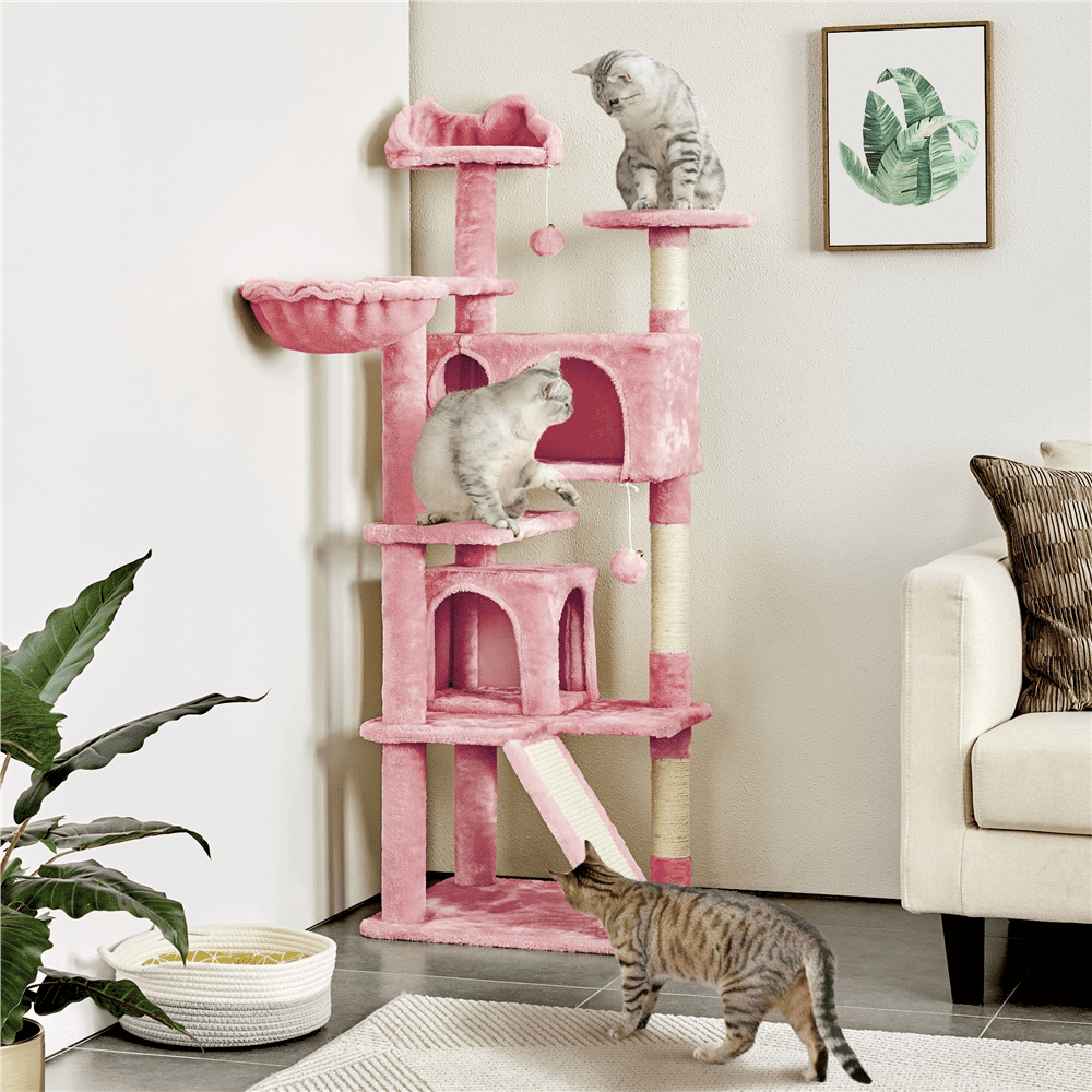 SMILE MART 57''H Multilevel Cat Tree Condo Tower with 2 Condos and Fur Ball and Round Platform and Ladder， Pink