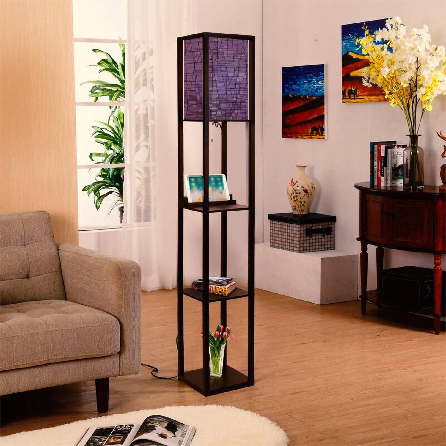 SHADY Abstract Stained Glass Mosaic  Violet Floor Lamp with Shelves USB Ports &amp; Power Outlet Linen Fabric Shade Corner Standing Lamp for Living Room