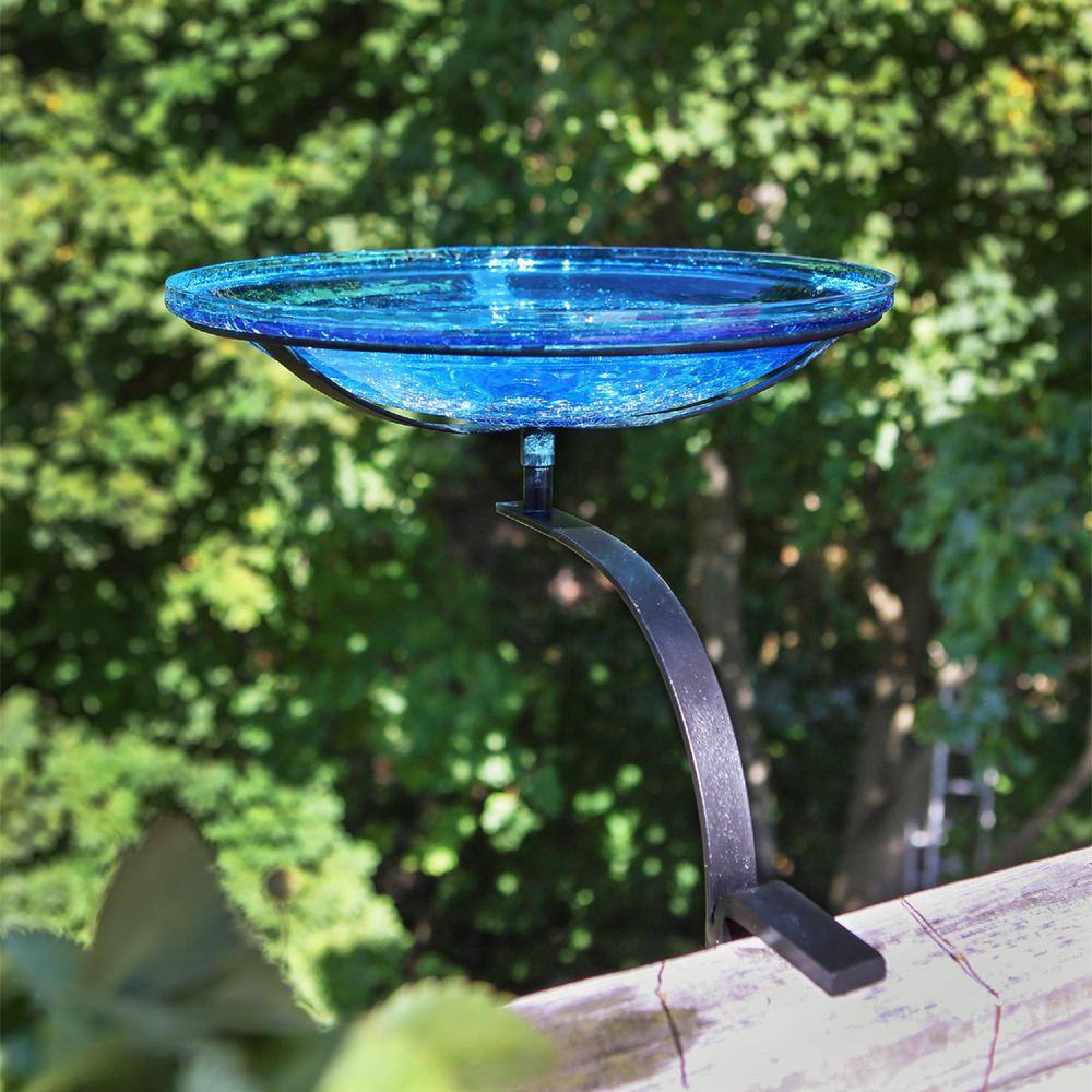 ACHLA DESIGNS 14 in. Dia Teal Blue Reflective Crackle Glass Birdbath Bowl with Rail Mount Bracket CGB-14T-RM