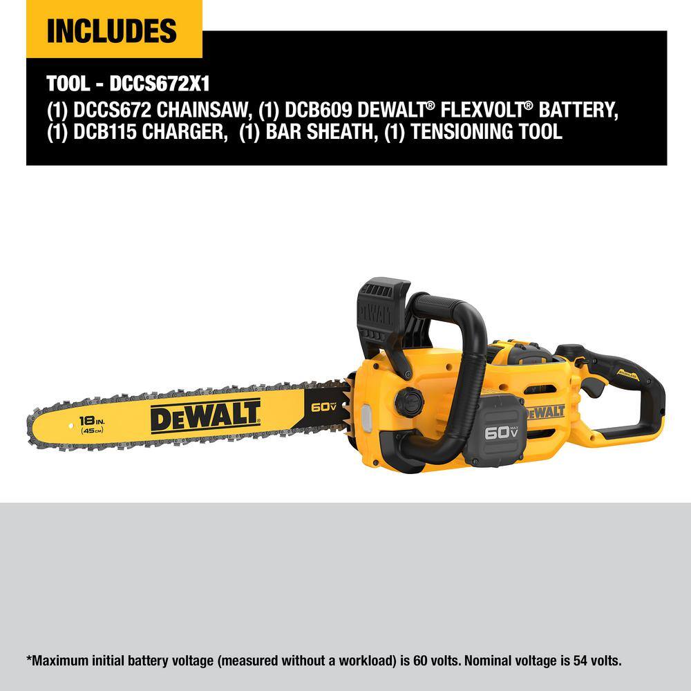 DEWALT DCCS672X1 60V MAX 18in. Brushless Battery Powered Chainsaw Kit with (1) FLEXVOLT 3Ah Battery and Charger