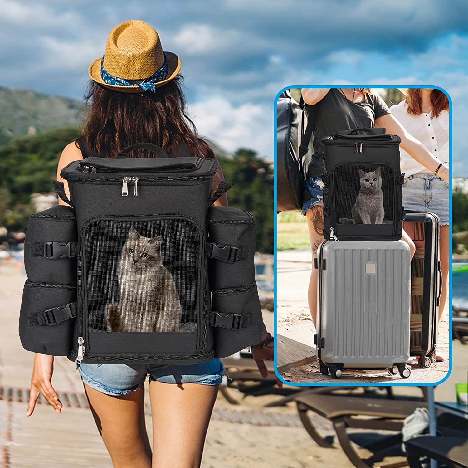 Pet Carrier Backpack with Detachable Side Pockets for Cats and Dogs, Expandable Cat Dog Puppy Carrier Backpacks, Airline Approved, for Travel / Hiking / Outdoor Use, Black
