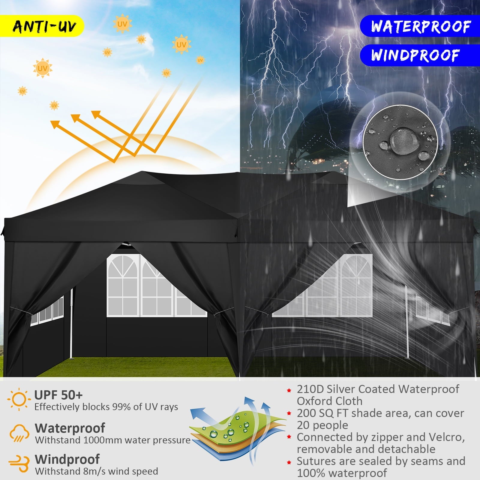 10' x 20' Outdoor Canopy Tent EZ Pop Up Backyard Canopy Portable Party Commercial Instant Canopy Shelter Tent Gazebo with 6 Removable Sidewalls & Carrying Bag for Wedding Picnics Camping, Black