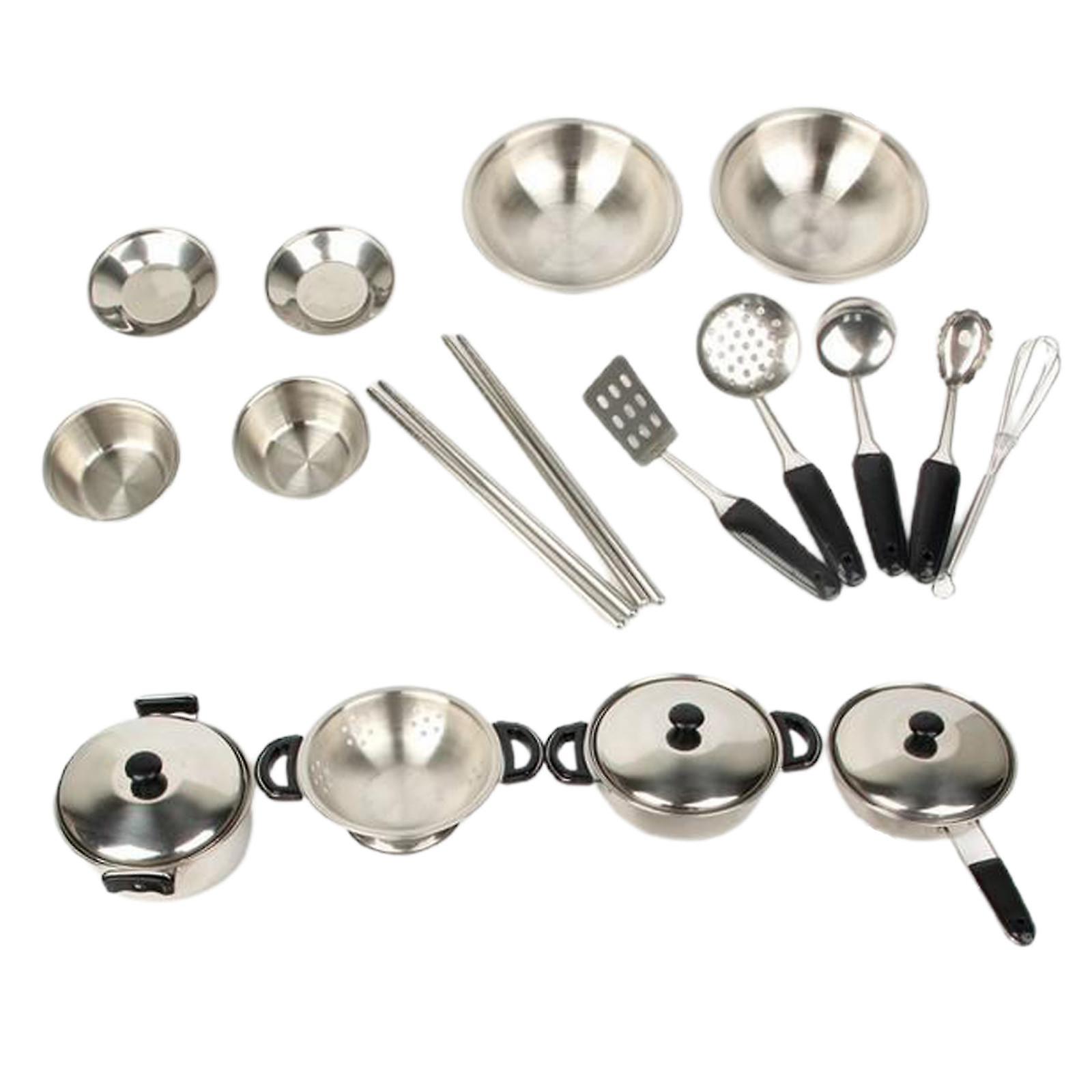 20x Kitchen Pretend Play Toys Stainless Steel Cookware Pots And Pans Set