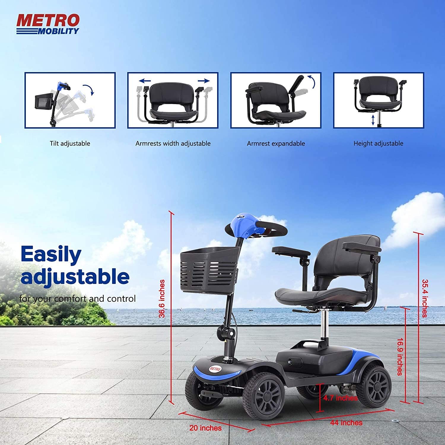 4 Wheel Mobility Scooter, Electric Wheelchair Device, Compact Heavy Mobility Scooter with Basket, Foldable in Boot Trunk for Traveling with Seniors (Blue)