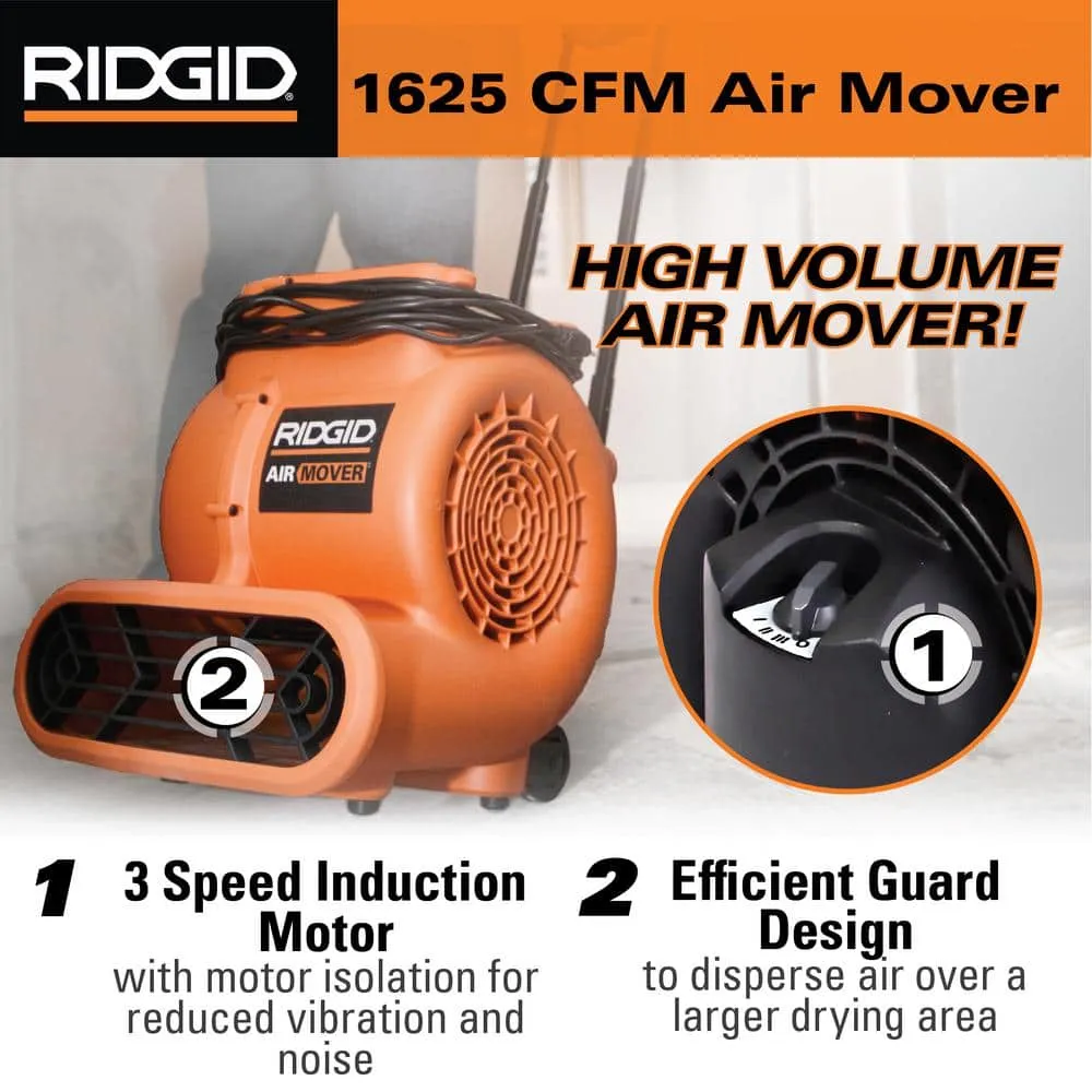 RIDGID 1625 CFM 3-Speed Portable Blower Fan Air Mover with Collapsible Handle and Rear Wheels for Water Damage Restoration AM2560
