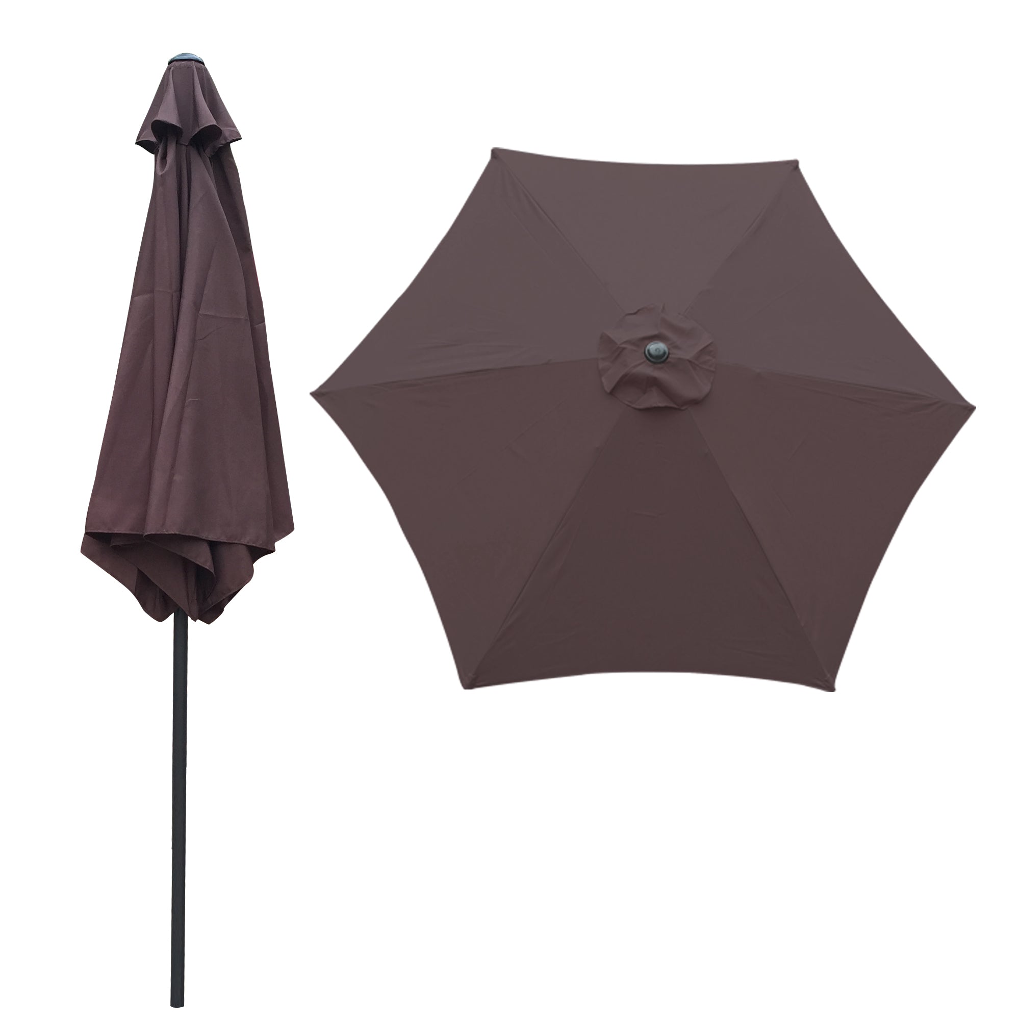 9FT Round Outdoor Market Table Umbrella Patio Umbrella with Push Button Tilt and Crank, 6 Sturdy Ribs for Garden Lawn Backyard Pool, Base Not Included - Coffee