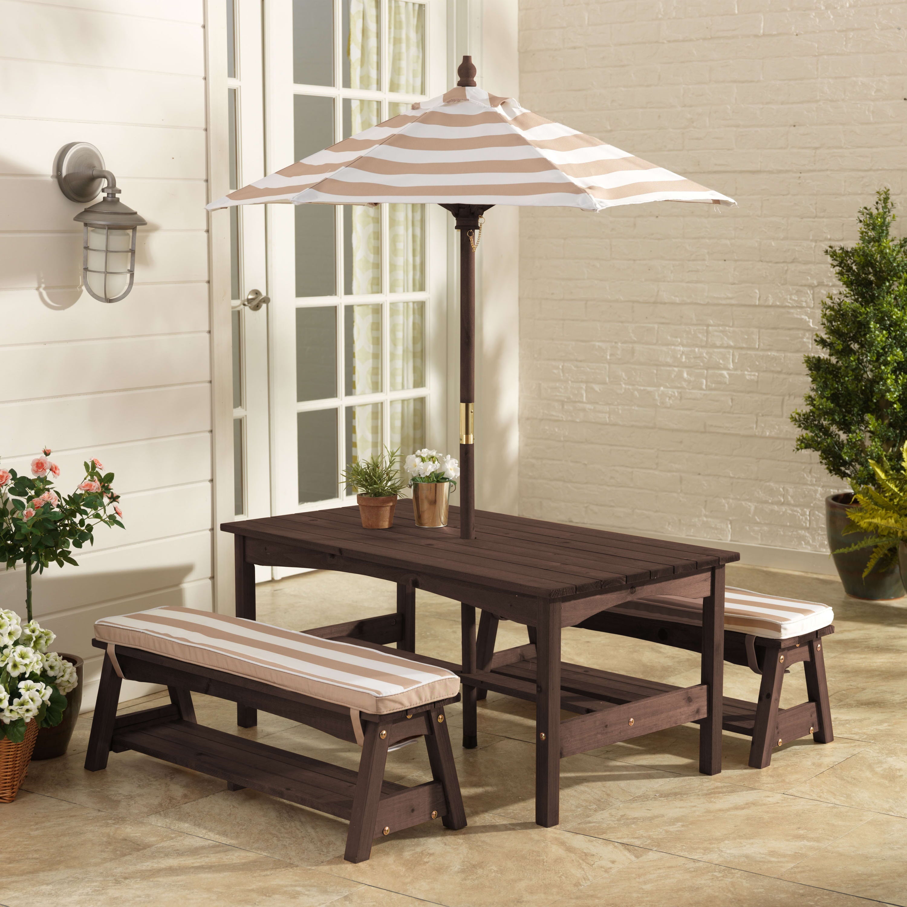 KidKraft KidKraft Outdoor Wooden Table & Bench with Cushions and Umbrella, Espresso