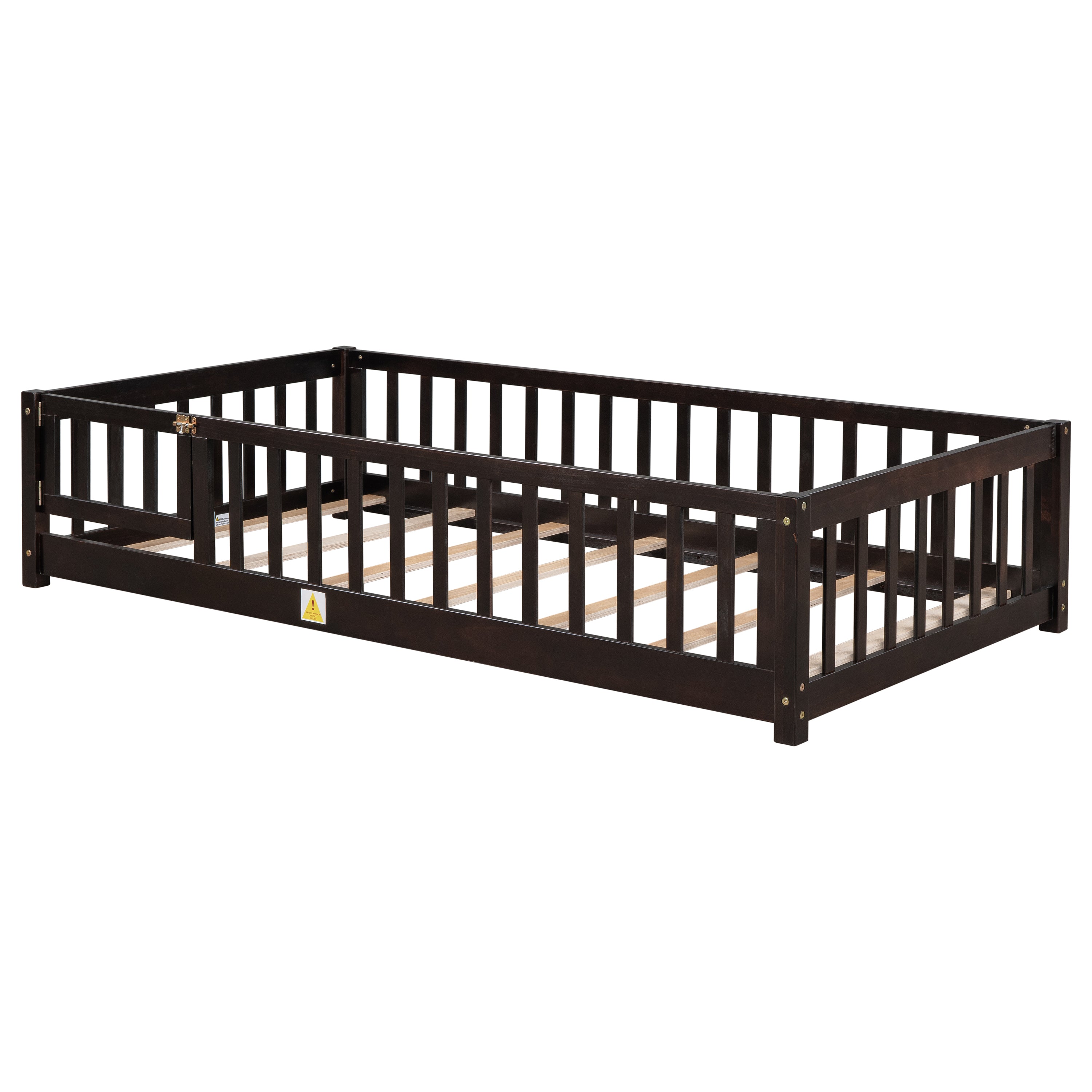 uhomepro Twin Size Wood Floor Bed Frame with Fence and Door for Kids, Toddlers, Espresso