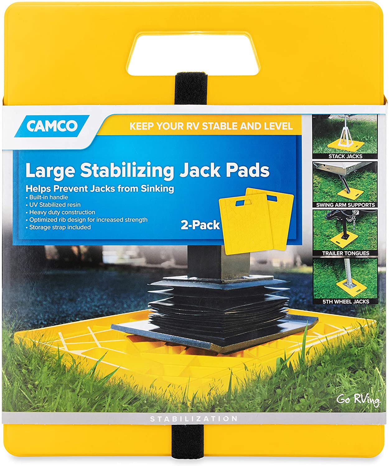 Camco 44541 Large RV Stabilizing Jack Pads Without Handle， 14 Inch x 12 Inch Pad - 2 Pack， Yellow