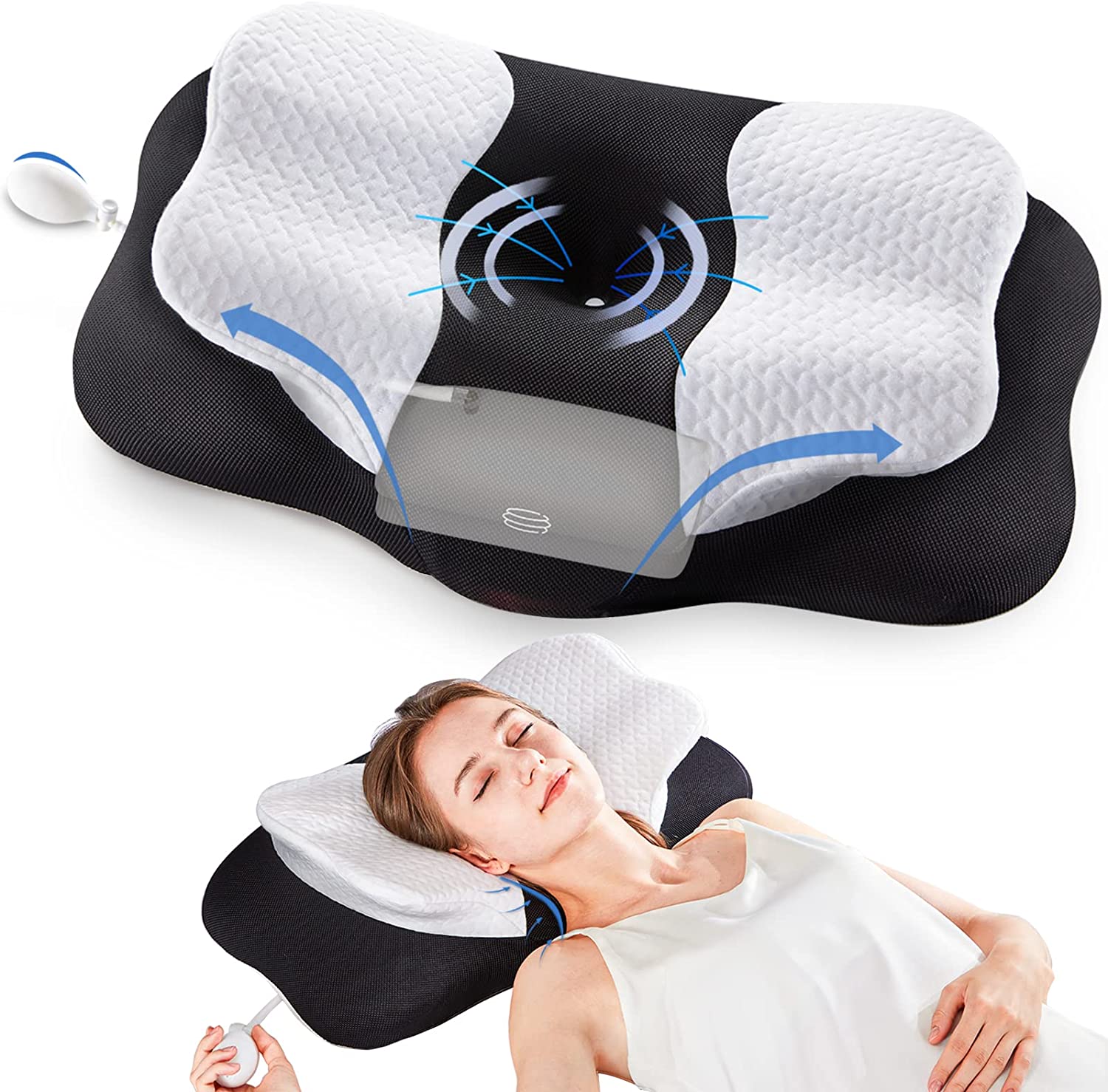 Cervical Memory Foam Pillows, Side Sleeper Pillow for Neck Shoulder Pain Relive Orthopedic Contour Ergonomic Inflatable Height Adjustable Pillows with Air Bag for Back Stomach Sleepers