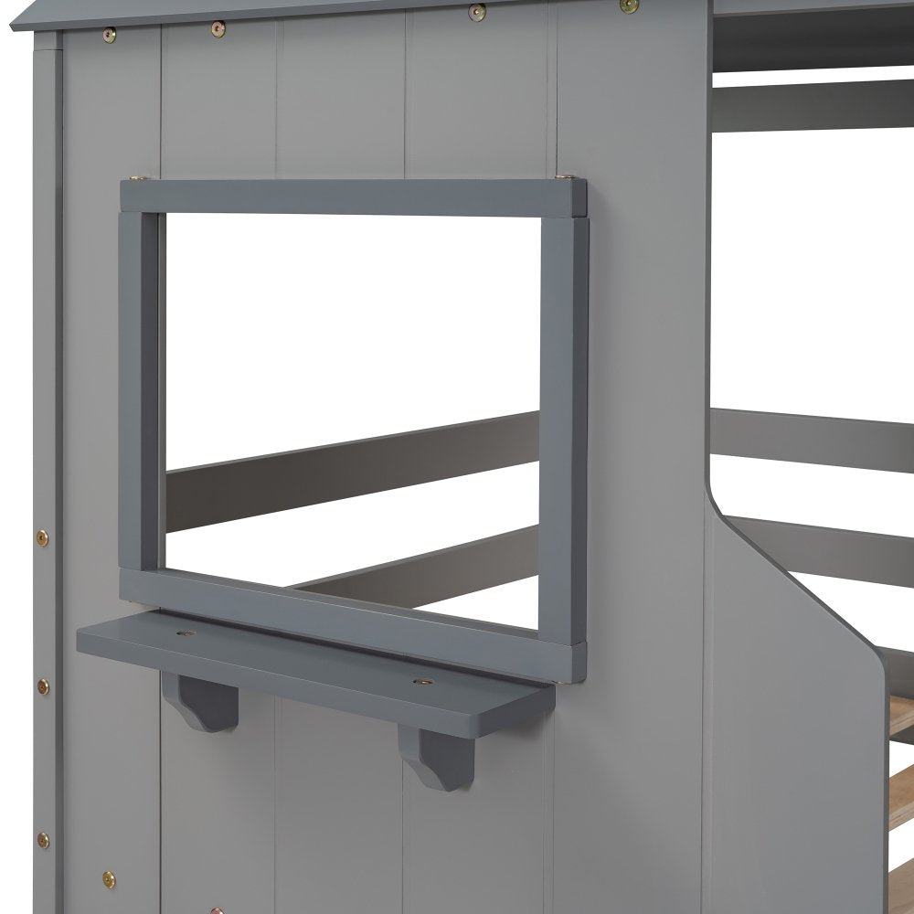 Hassch Wood Bunk Bed Twin/Twin Size Modern Kids Bed Frame with Roof, Ladder, Windows, Gray