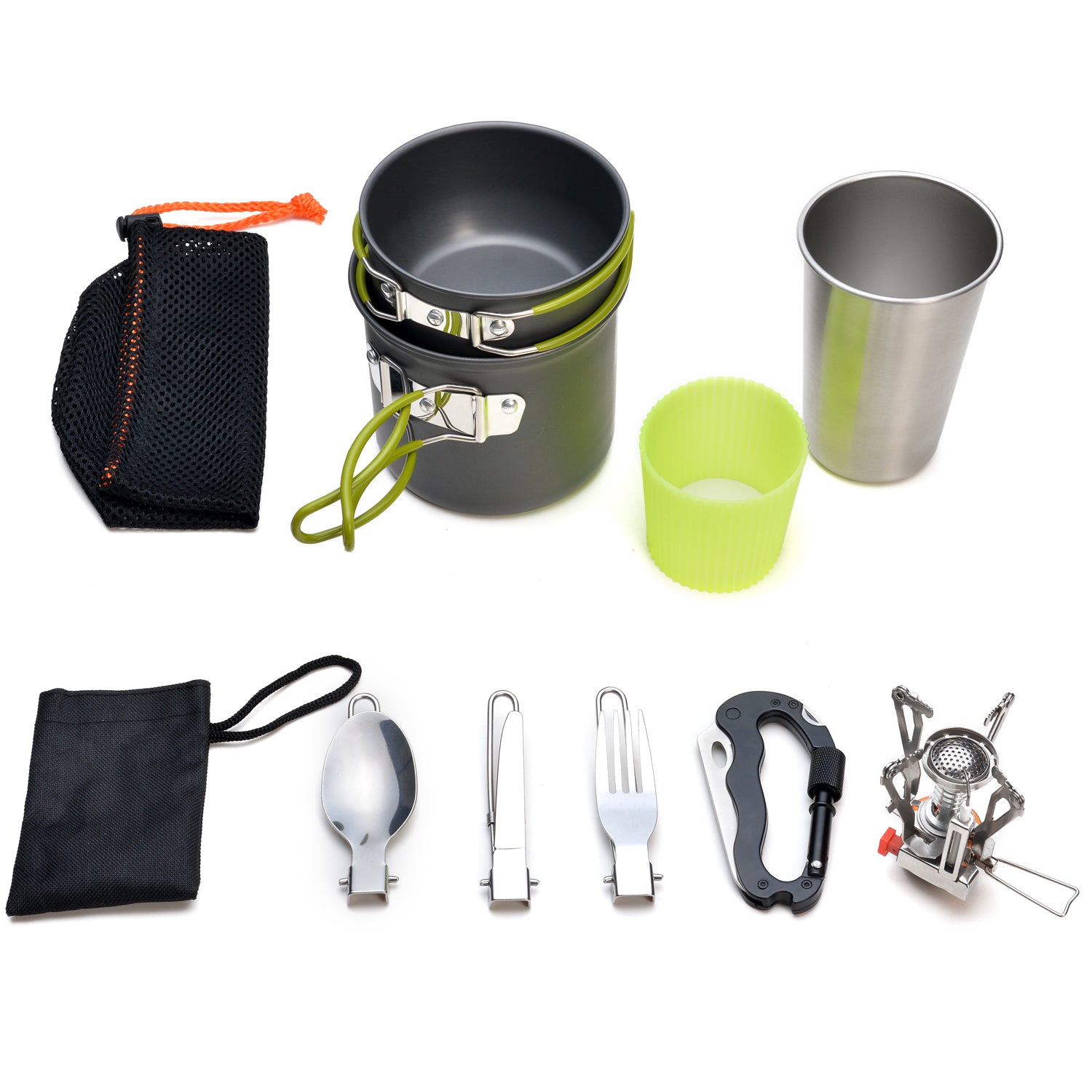 Odoland Camping Cookware Kit, Lightweight Portable Cookware Set with Water Cup, Fork Kit and Multi-functional Carabiner with Knife, Great for Backpacking, Outdoor Camping Hiking and Picnic