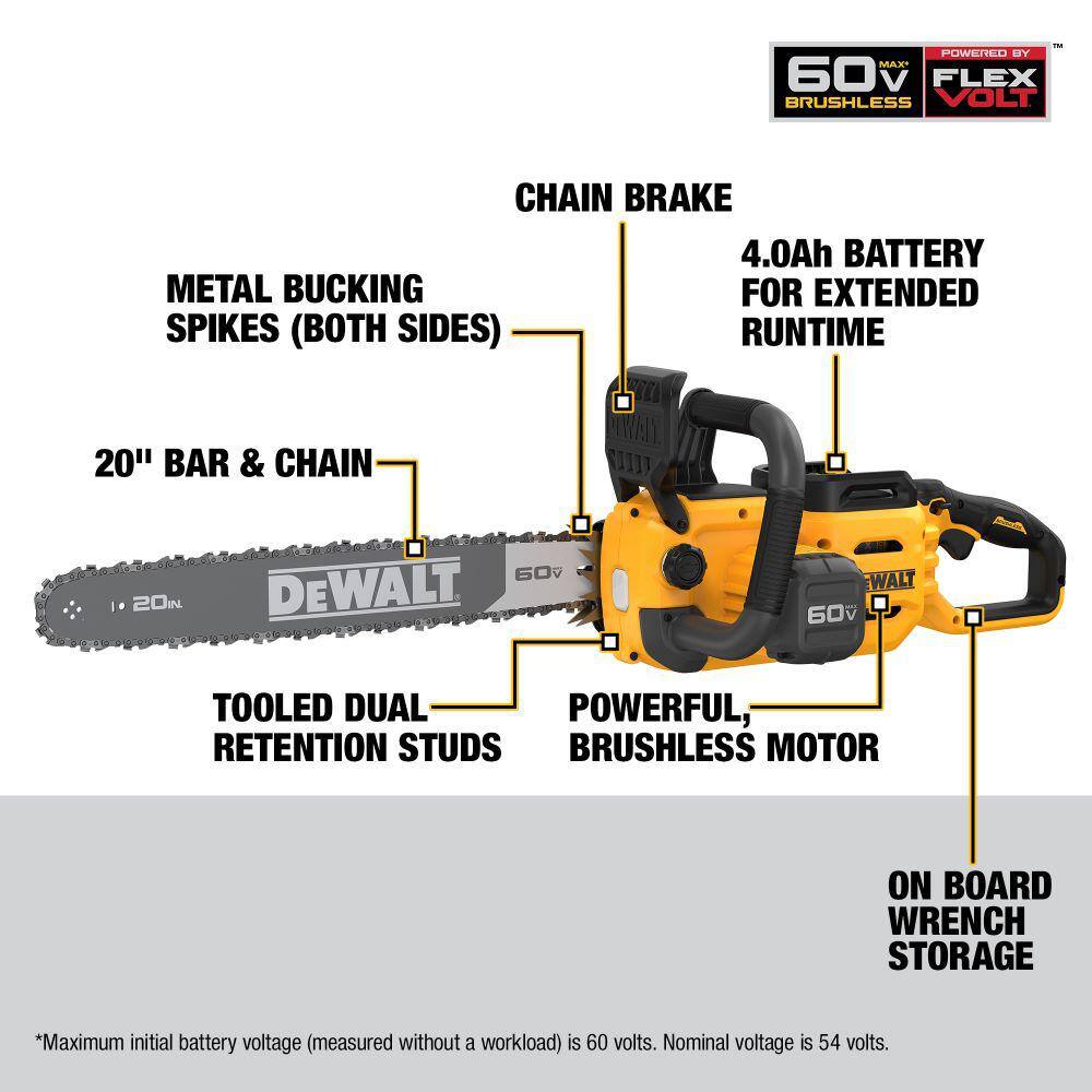 DEWALT DCCS677Y1 60-Volt MAX 20 in. Brushless Electric Cordless Chainsaw Kit and Carry Case with (1) FLEXVOLT 4Ah Battery and Charger