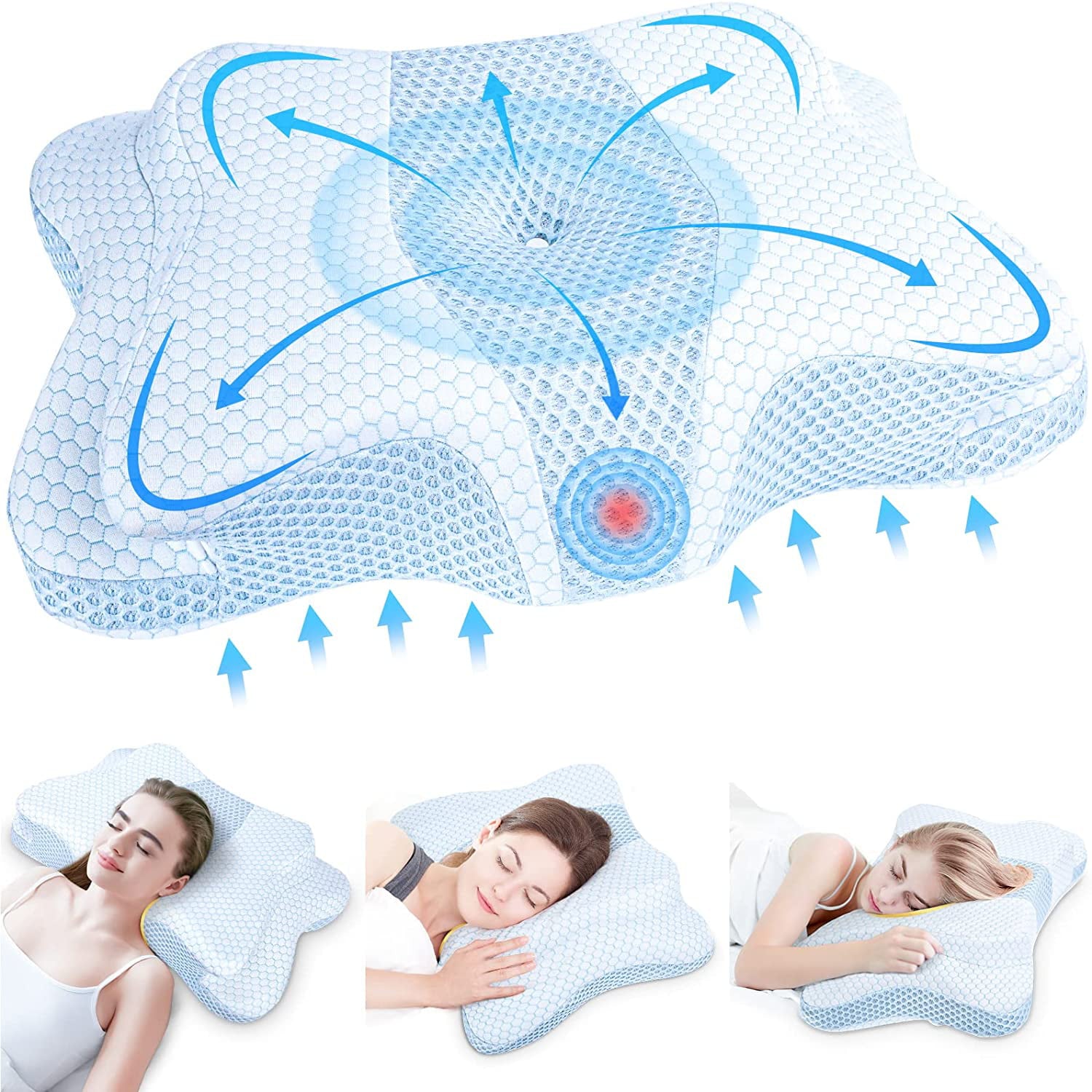 DIKI Cervical Memory Foam Pillow - Adjustable Contour Pillow for Neck Pain Relief, Orthopedic Neck Support Sleeping Pillow for Side Back Stomach Sleeper, Ergonomic Bed Pillow for Neck Pain, Blue White