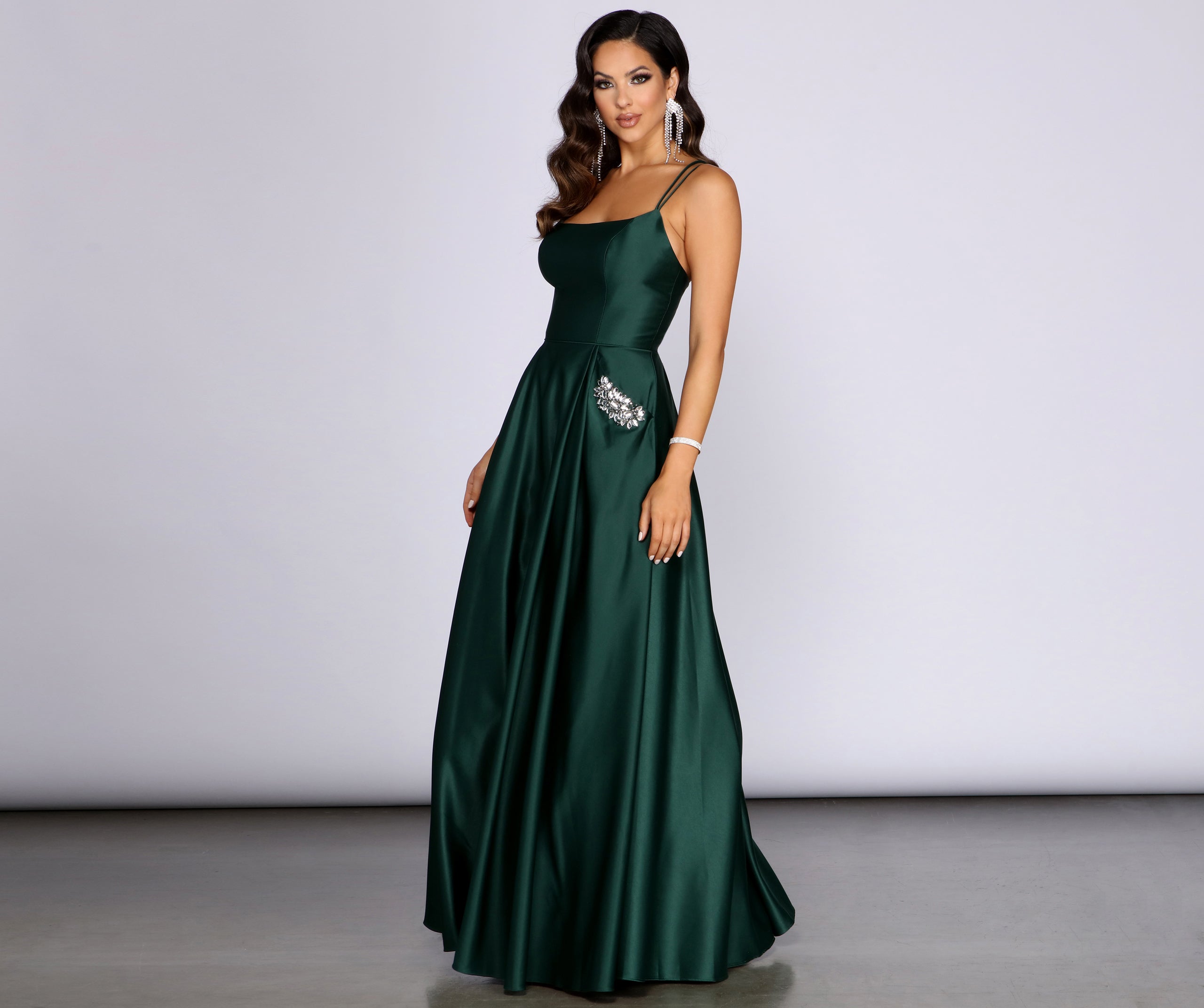 Adela Rhinestone Trim Satin Ball Gown