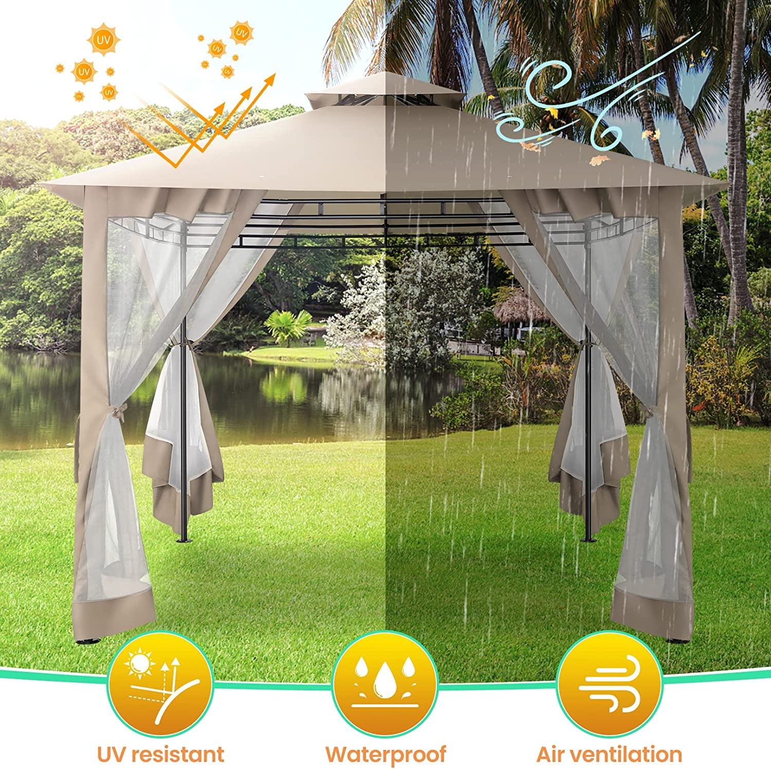 10 ' x 10 ' Gazebos for Patios, Gazebo Canopy with 4 Mosquito Netting, Rainproof & Sunscreen Shelter Tent with Double Eaves for Garden Backyard and Deck