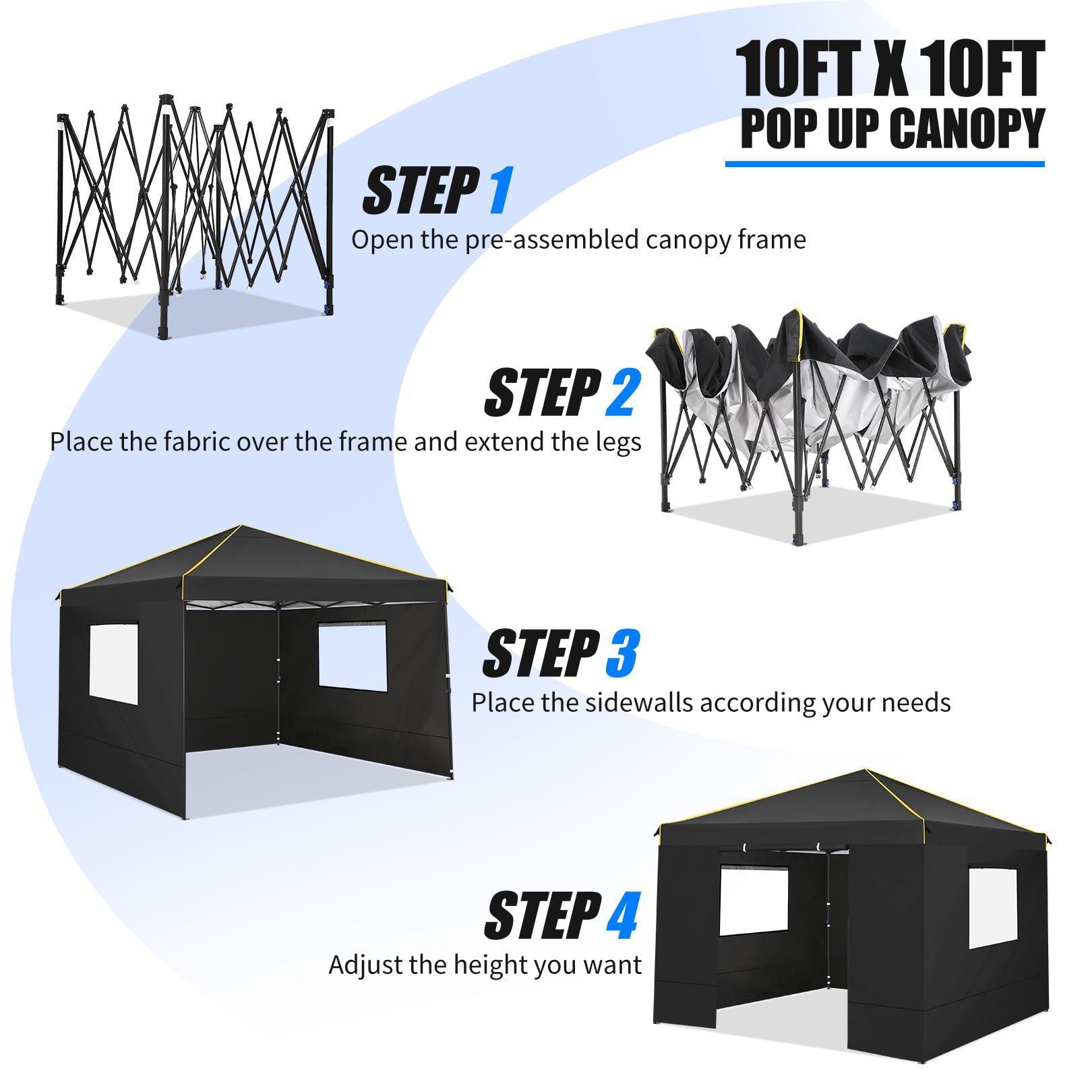 Likein 10x10 Pop Up Canopy Tent with 4 Removable Sidewalls, Waterproof Commercial Instant Gazebo Tent Outdoor Canopy Tents for Party/Exhibition/Picnic with Carry Bag, 4 Stakes and Ropes (Black)