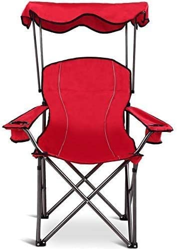 Beach Chair with Canopy Shade, Folding Lawn Chair with Umbrella Cup Holder & Carry Bag, Portable Sunshade Chair for Adults for Outdoor Travel Hiking Fishing, Red