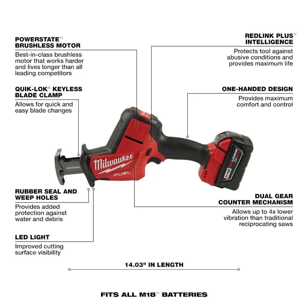 Milwaukee M18 FUEL 18V Lithium-Ion Brushless Cordless HACKZALL Reciprocating Saw Kit W/(1) 5.0Ah Batteries, Charger & Tool Bag 2719-21