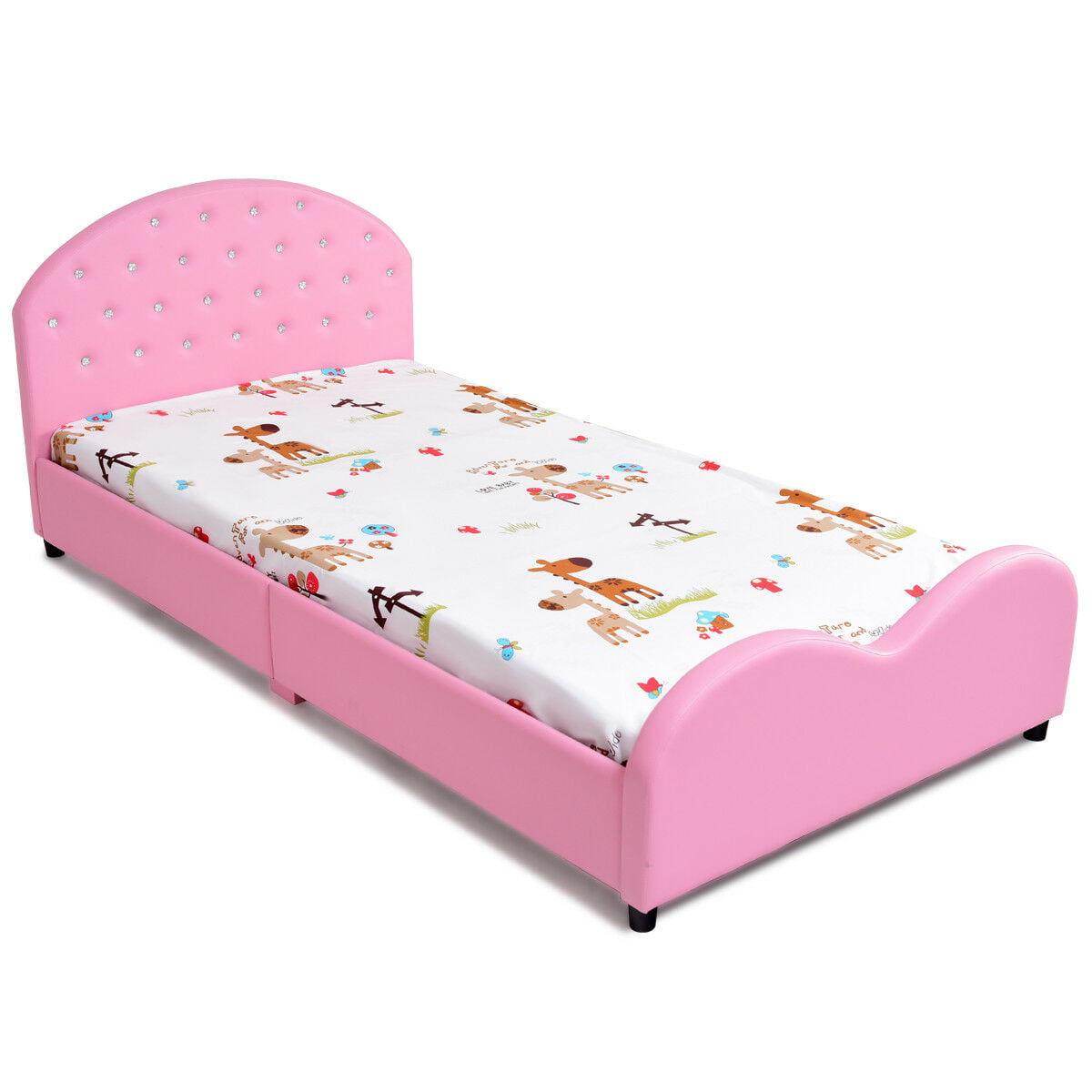 Costway Kids Children PU Upholstered Platform Wooden Princess Bed Bedroom Furniture Pink