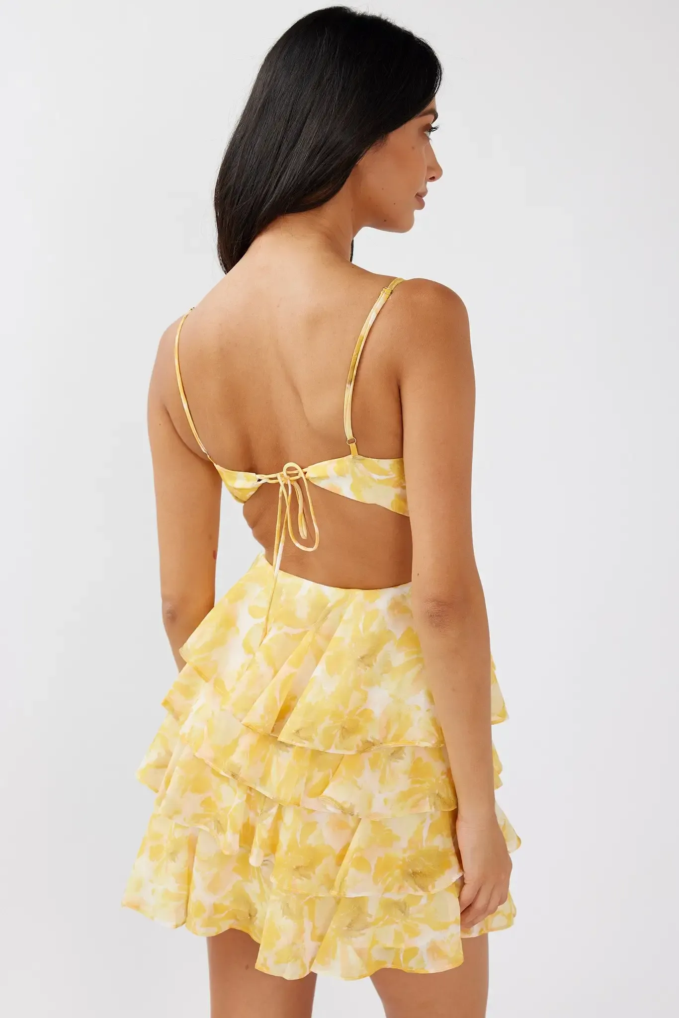 Cloudconsult Lauran Tied Back Frill Dress Floral Yellow
