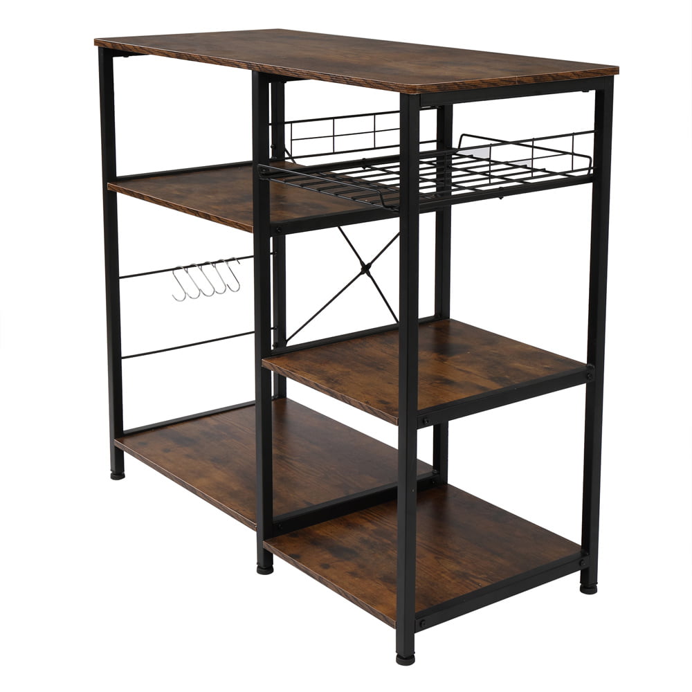 Industrial Kitchen Baker's Rack， Coffee Bar with Wire Basket， Utility Microwave Oven Stand Utility Carts Organizer， Kitchen Island Rack Shelves， Easy Assembly， Vintage Brown