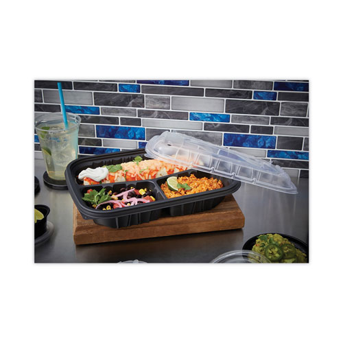 Pactiv EarthChoice Entree2Go Takeout Container | 3-Compartment， 48 oz， 11.75 x 8.75 x 2.13， Black， 200