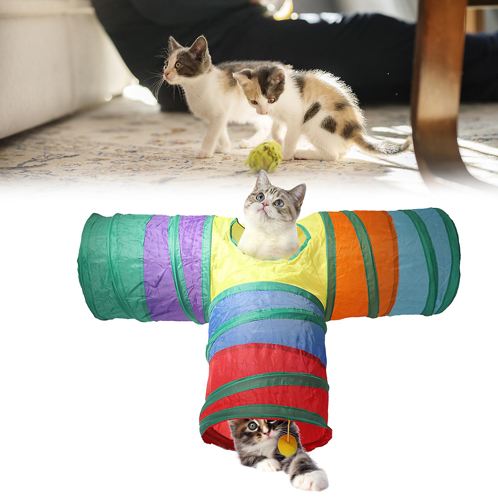 Indoor Cat Tunnel 3 Way Pet Play Tunnel Collapsible Tunnel Tube Kitty Tunnel Peek Hole Toy Pet Toys For Cats Puppies Rabbits， 80cm Length Rainbow