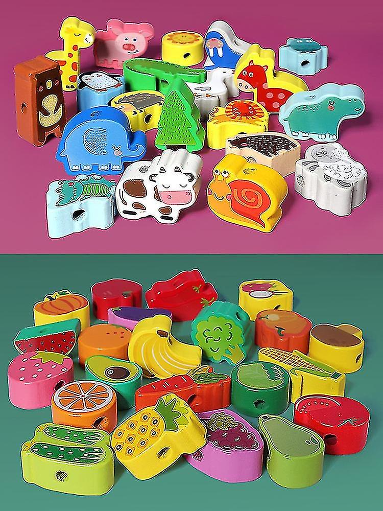 Educational Wooden Lacing Beads Toys Farm Animals Fruits Vegetables Threading Toys