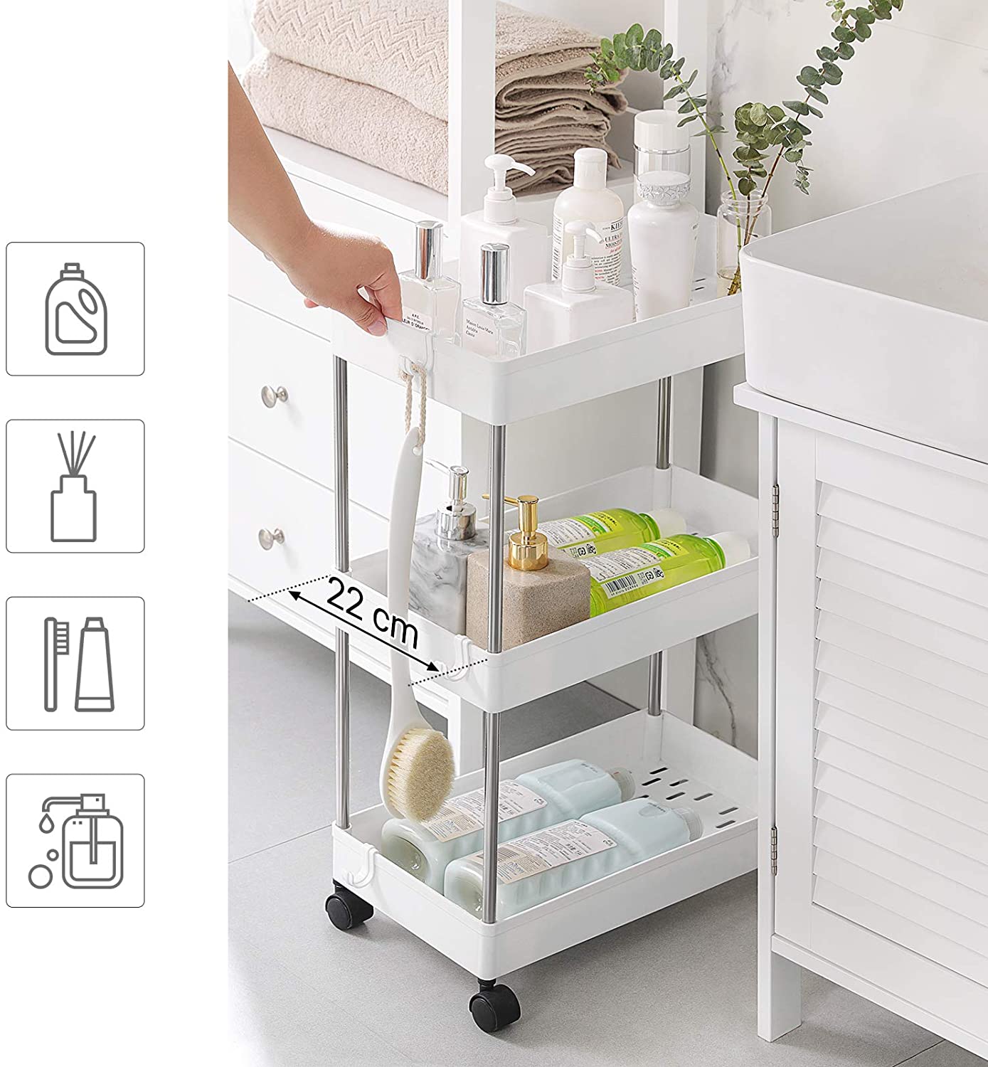 SONGMICS 3-Tier Rolling Cart， Storage Cart with Wheels， White