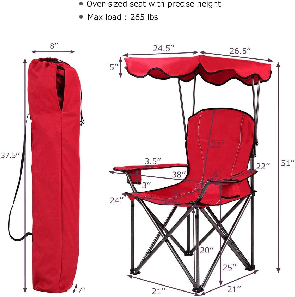 Beach Chair with Canopy Shade, Folding Lawn Chair with Umbrella Cup Holder & Carry Bag, Portable Sunshade Chair for Adults for Outdoor Travel Hiking Fishing, Red