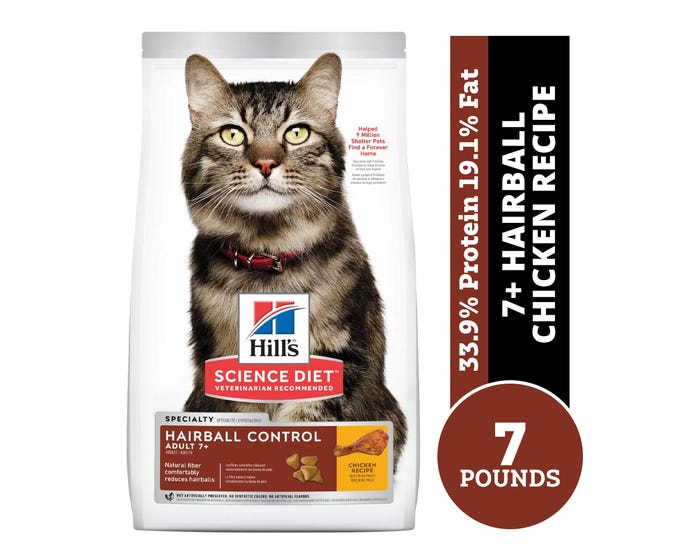 Hills® Science Diet® Adult 7+ Hairball Control Chicken Recipe Dry Cat Food， 7 lb. Bag