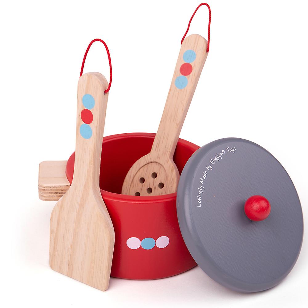 Bigjigs Toys Wooden Cooking Pans Set with Spoon Spatula Role Play Kitchen