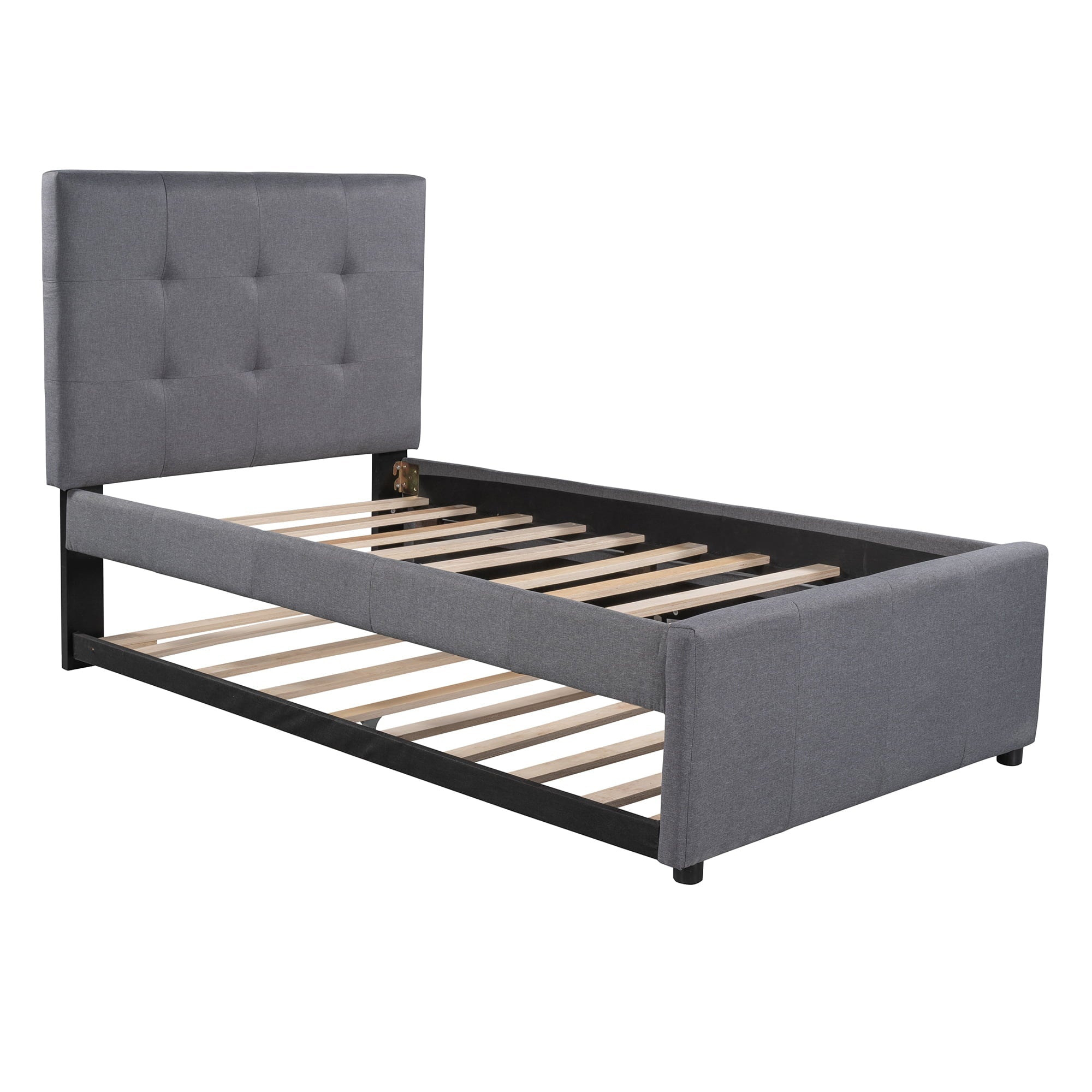 Euroco Twin Size Upholstered Platform Bed with Trundle for Kids, Gray