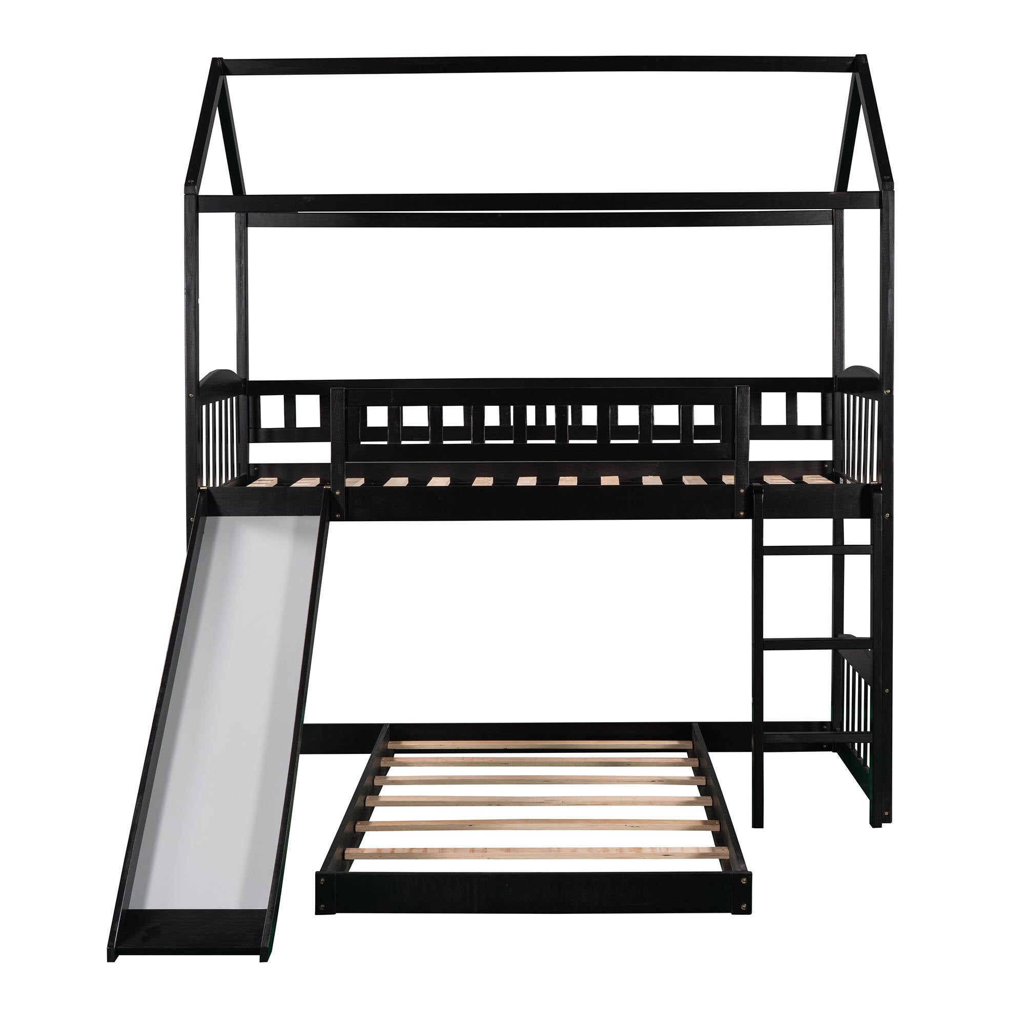 Bellemave House Bunk Bed with Slide, Wood Twin Over Twin L-Shape Bunk Bed Frame with Ladder for Kids Teens (Espresso)