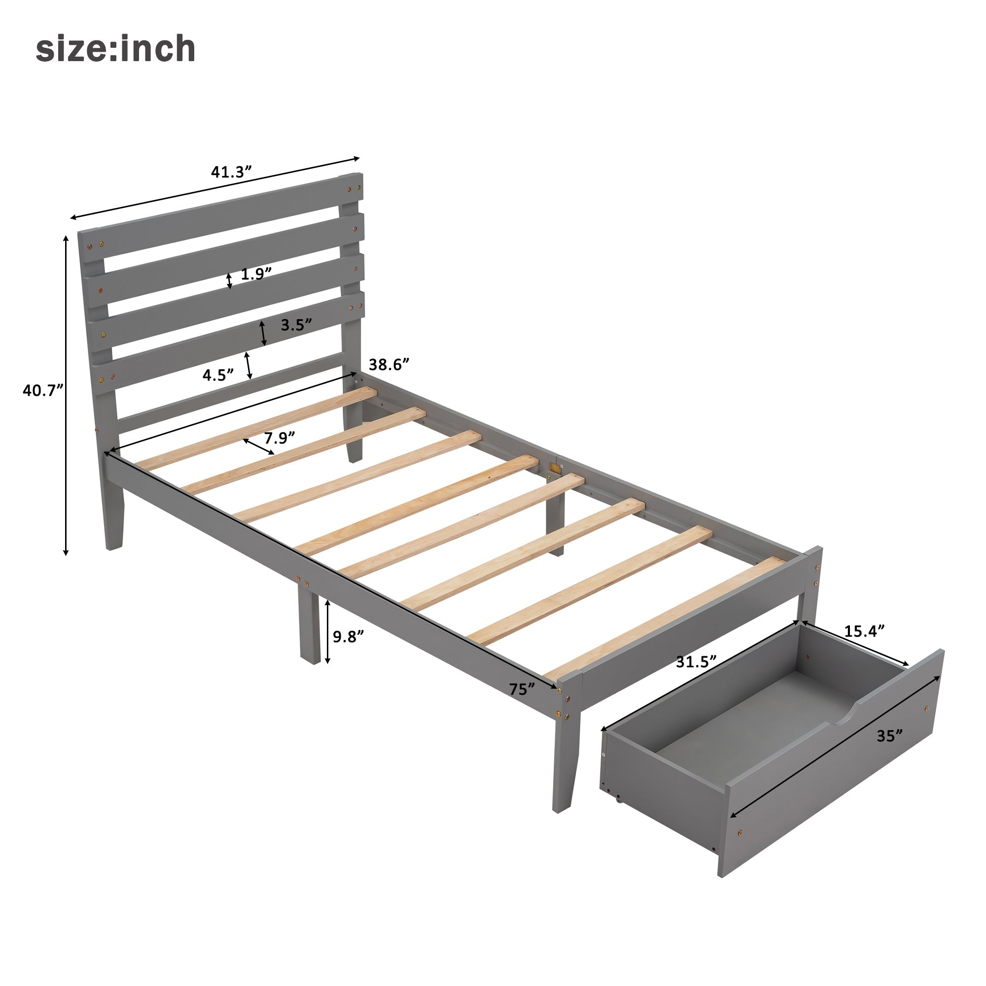 Euroco Twin Wooden Platform Bed with Drawer for Kids, Gray