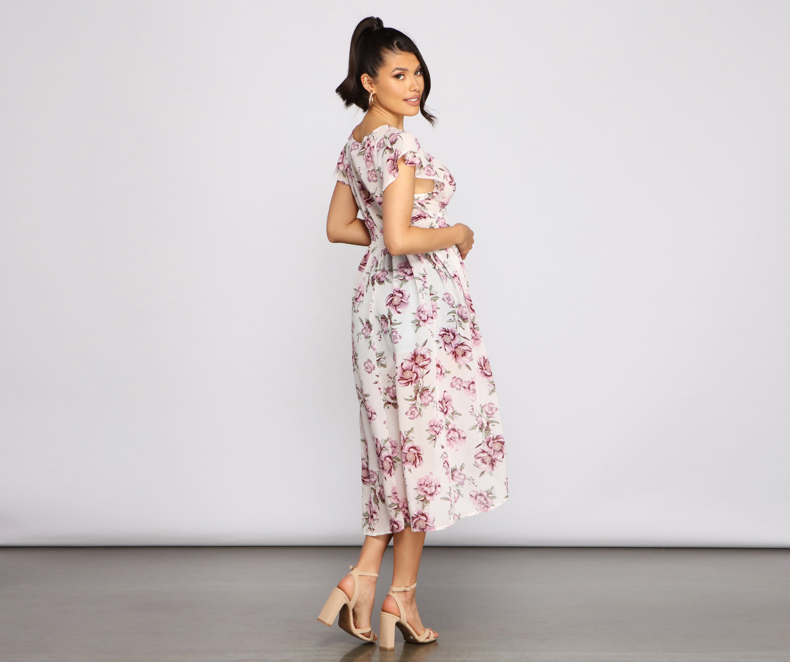 Floral Flutter Sleeve Chiffon High-Low Duster