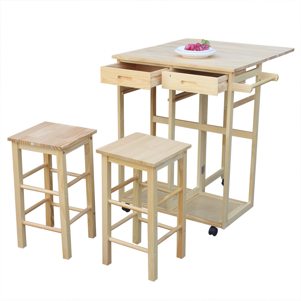 Zimtown Kitchen Trolley Cart Island Rolling Storage Dinning Table Stools Set Wood Color
