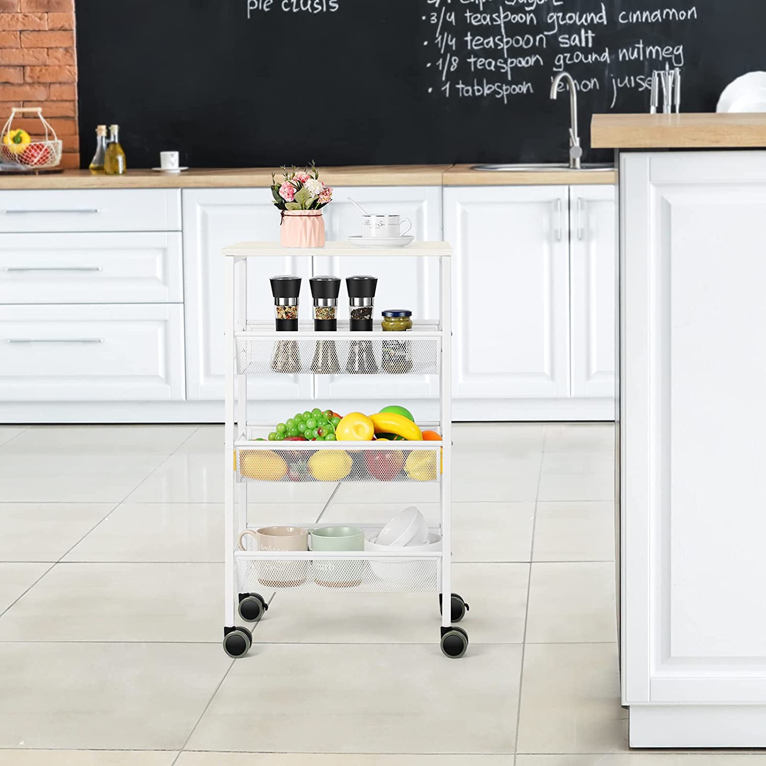 3 Tier Kitchen Storage Rolling Utility Cart with Wood Top， White
