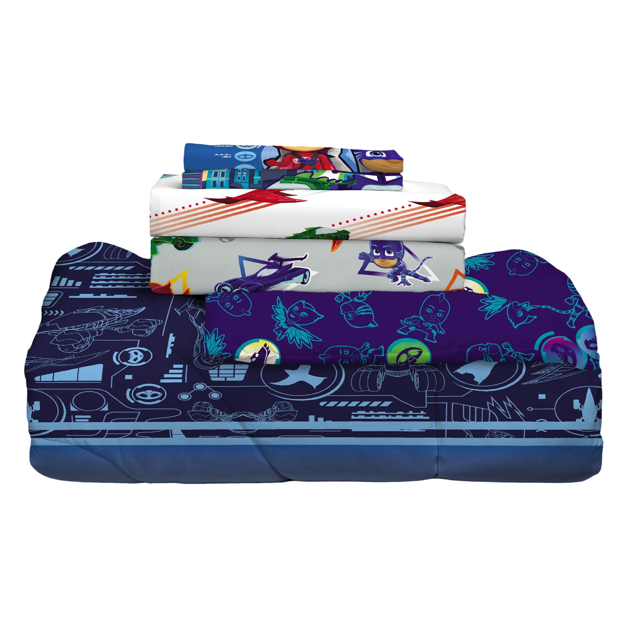 PJ Masks Kids Full Bed in a Bag, Comforter and Sheets, Blue, Hasbro