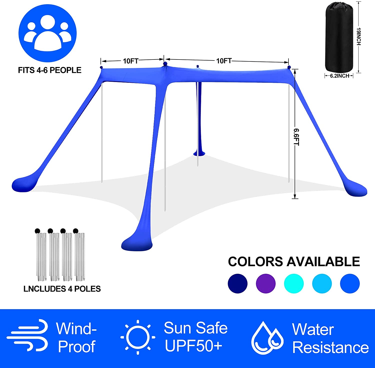 Beach Shade Canopy UPF50+ Portable Windproof Beach Tent Pop Up Sun Shelter with Anti-Wind Ropes and Carrying Bag for Camping， Fishing， Backyard， Picnics(10x10FT)
