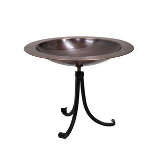 ACHLA DESIGNS 18 in. Dia， Round Antique Finished Brass Classic Copper Iron Birdbath with Tall Black Wrought Iron Tripod Stand BB-12T-TR2