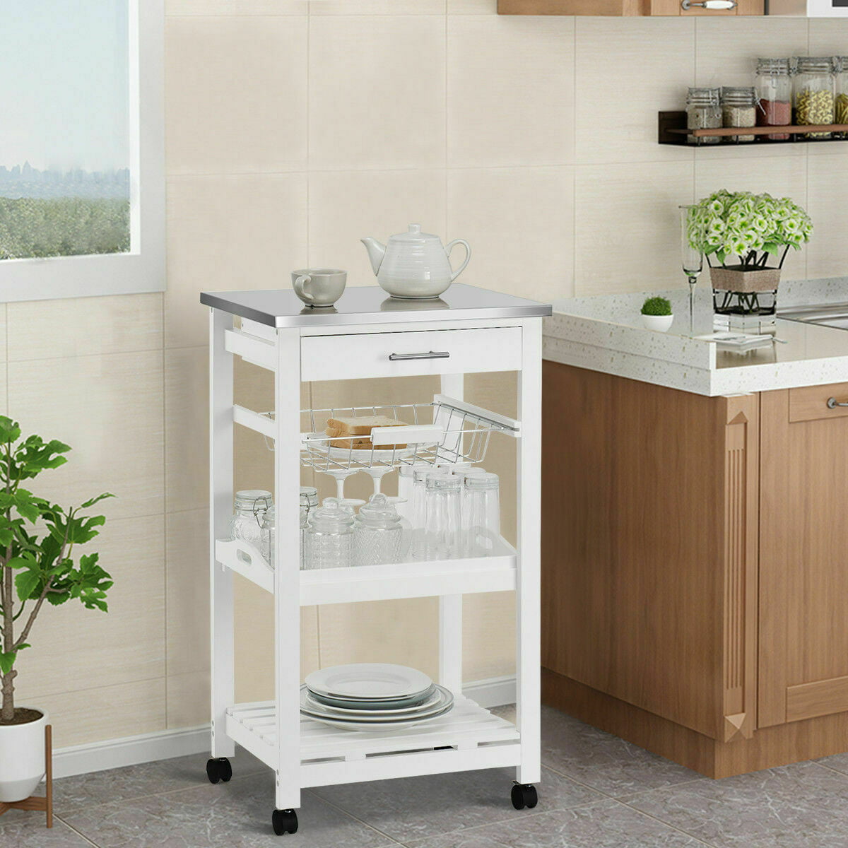 Costway Rolling Kitchen Trolley Cart Steel White Top Removable Tray W/Storage Basket andDrawers