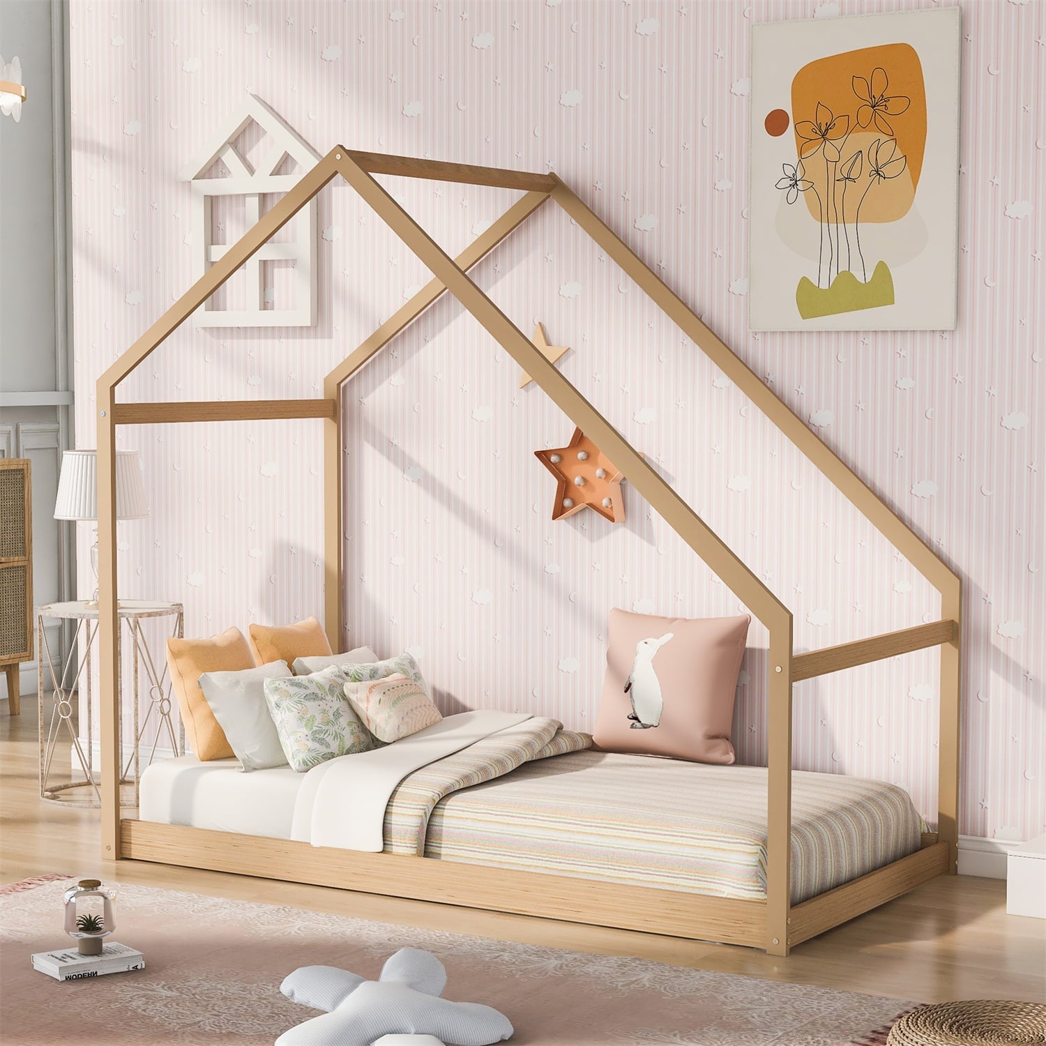 Twin House Bed Frame, Wood Floor Bed for Kids, Toddlers, Easy Assembly, Natural