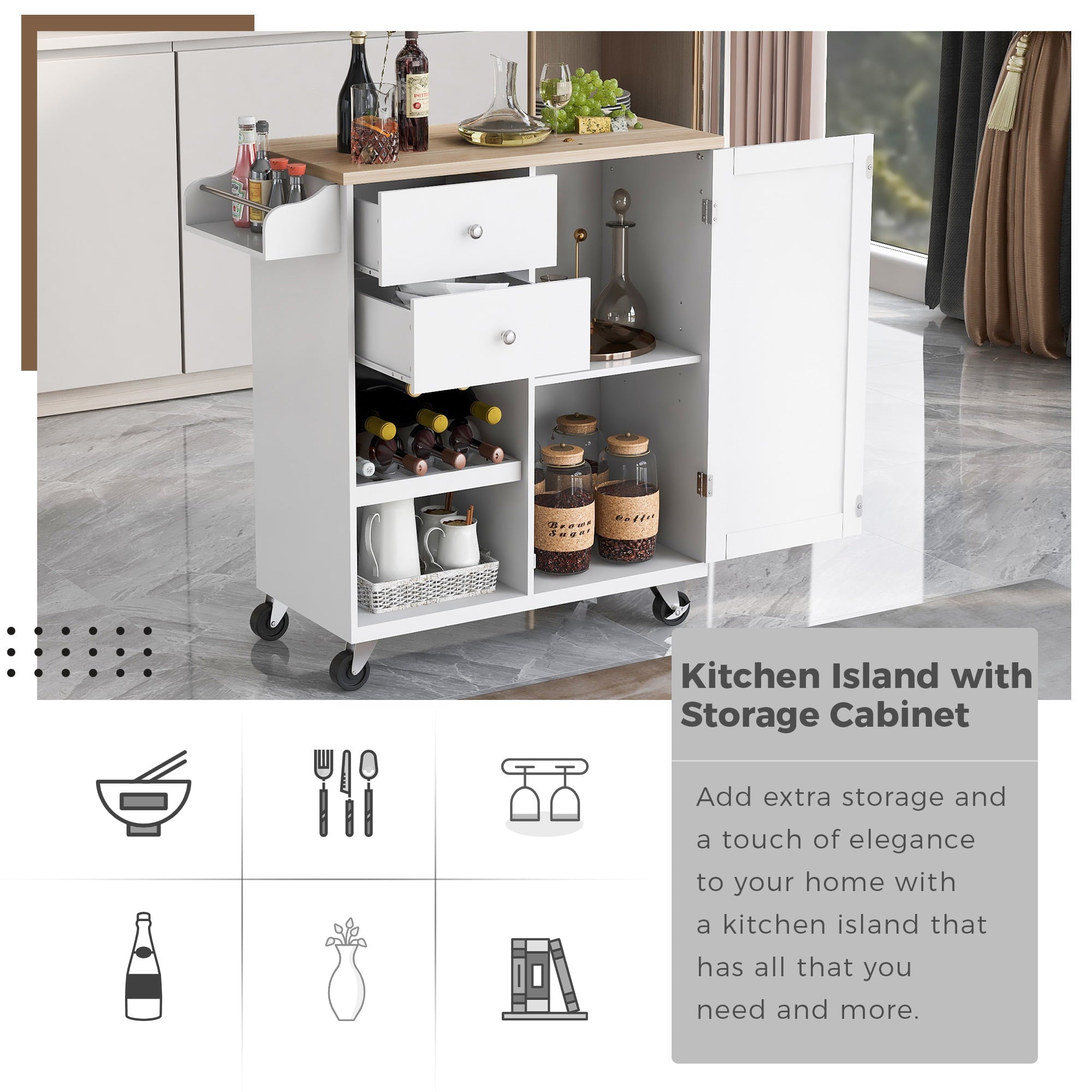 Hombay Modern Mobile Kitchen Island with Storage， Wood Kitchen Cart Organizer with Drawers Door Shelves and Spice Rack， 4 Wheels Rolling Lockable