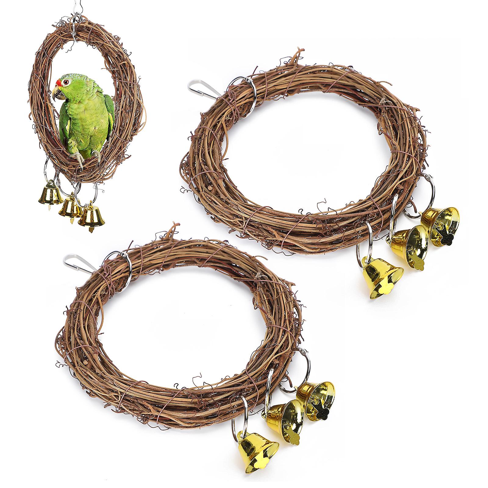 2pcs Parrots Swing With Bells Natural Rattan Hanging Chewing Biting Toys Birds Supplies