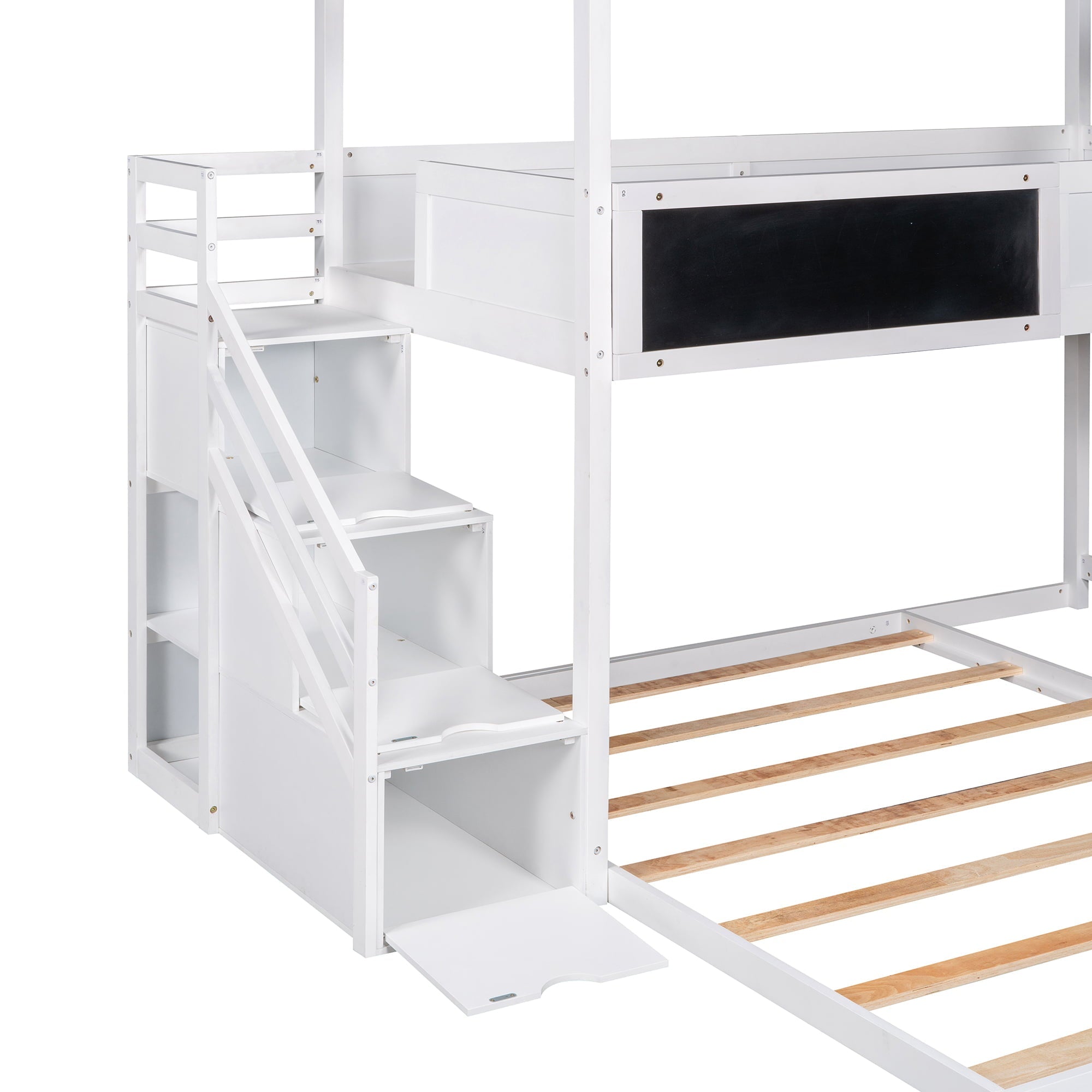 EUROCO Twin over Full House Bunk Bed with Storage Staircase and Blackboard for Kids Bedroom, White