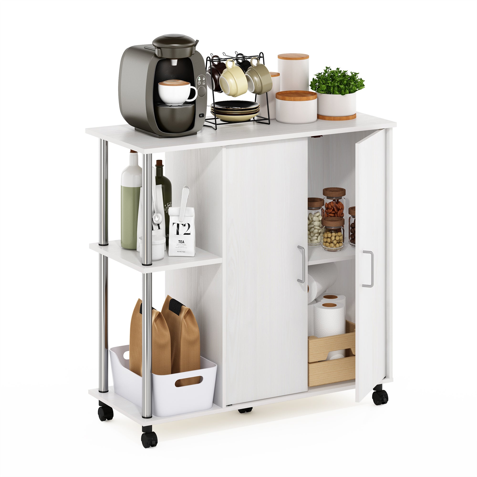 Furinno Helena 3-Tier Utility Kitchen Island and Storage Cart on wheels with Stainless Steel Tubes， White Oak/Chrome