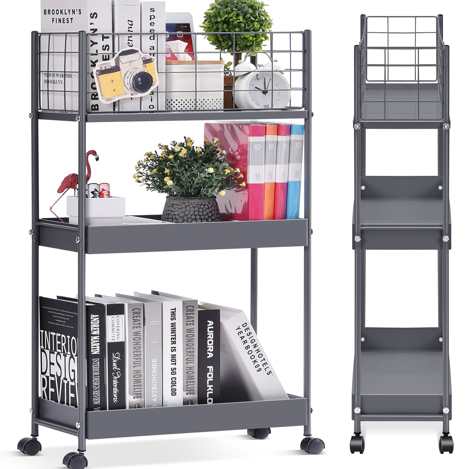 KINGRACK Slim Storage Cart，3-Tier Metal Utility Rolling Cart with Wheels， Slide Out Storage Cart， Skinny Storage Rolling Cart， Storage Trolley Cart for Office Kitchen Bathroom Narrow Place， File CGrey